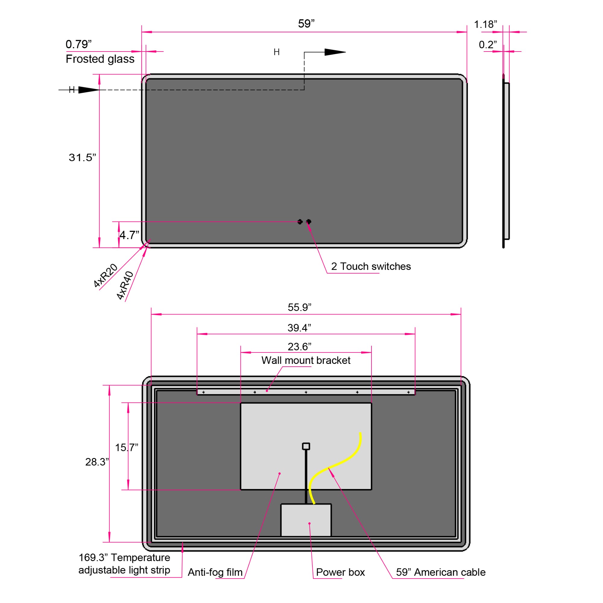 Rectangular Frameless Dimmable Wall Mounted LED Bathroom Vanity Mirror