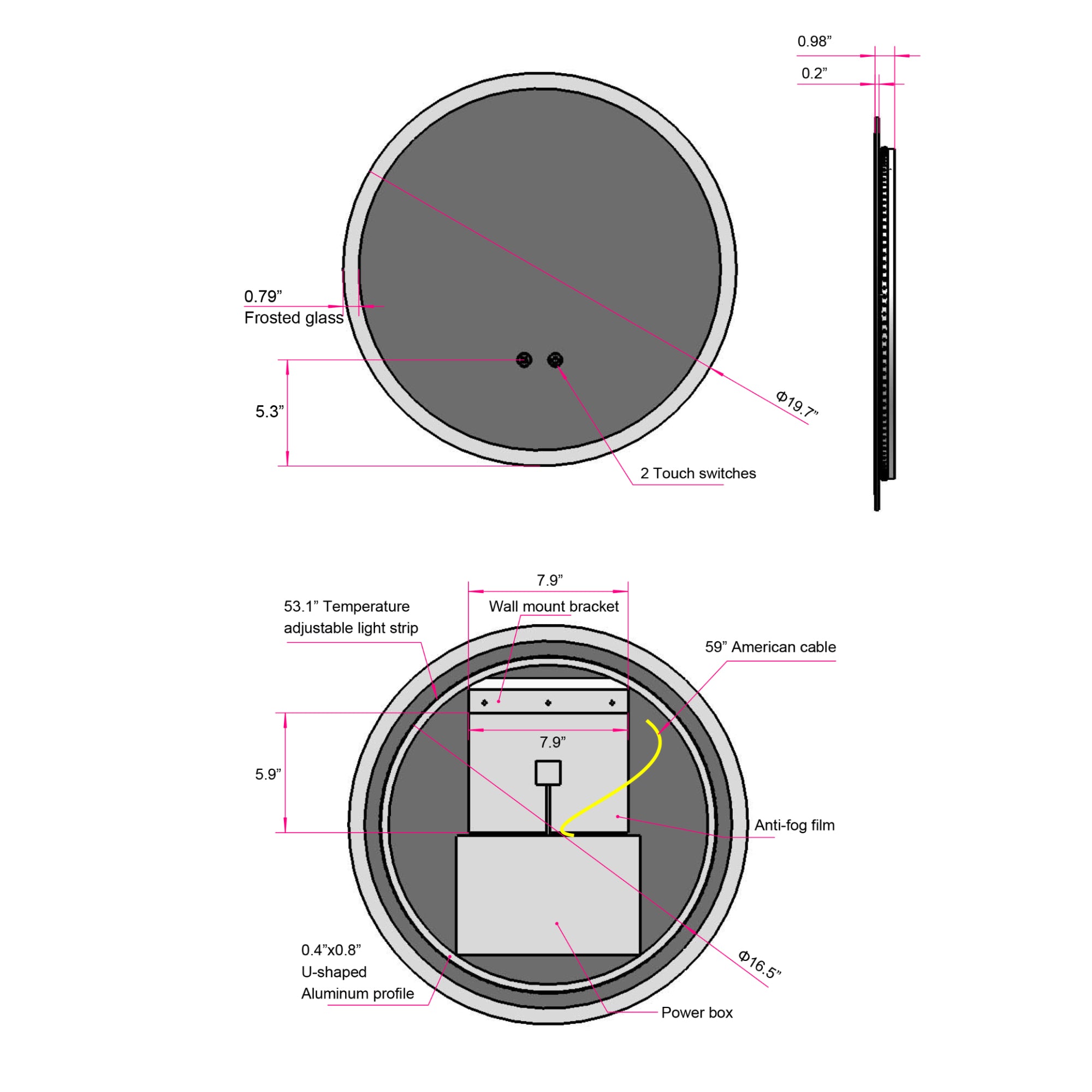 Round Frameless Dimmable Wall Mounted LED Bathroom Vanity Mirror