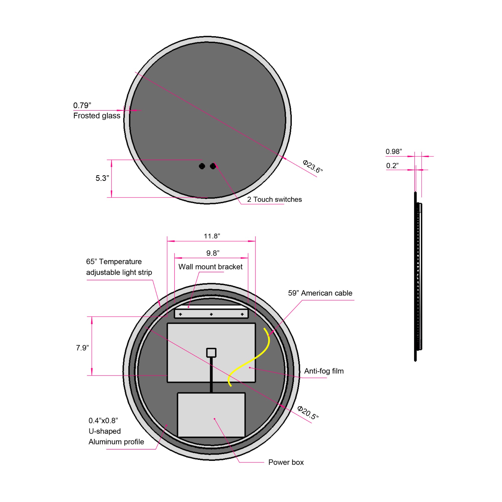 Round Frameless Dimmable Wall Mounted LED Bathroom Vanity Mirror
