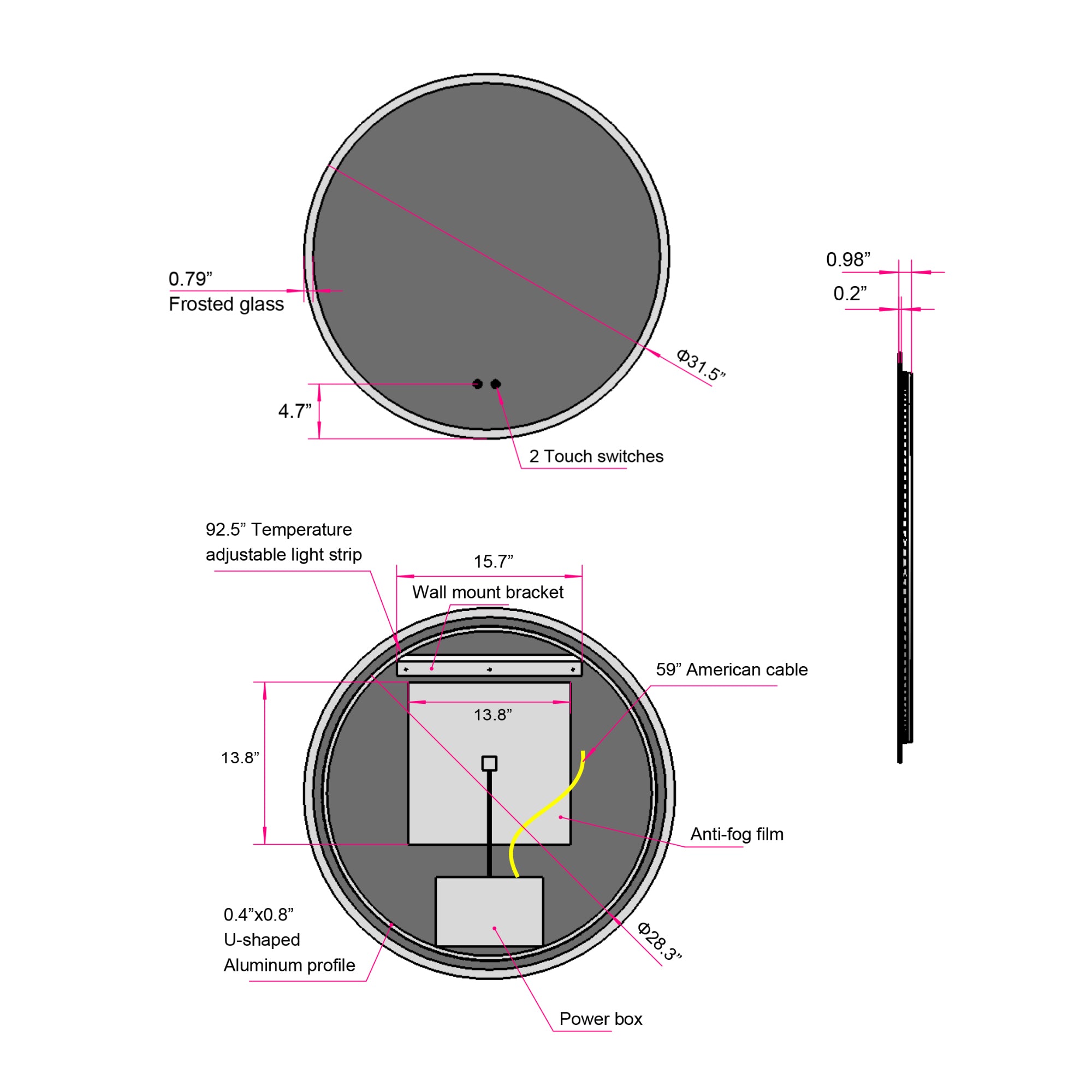 Round Frameless Dimmable Wall Mounted LED Bathroom Vanity Mirror