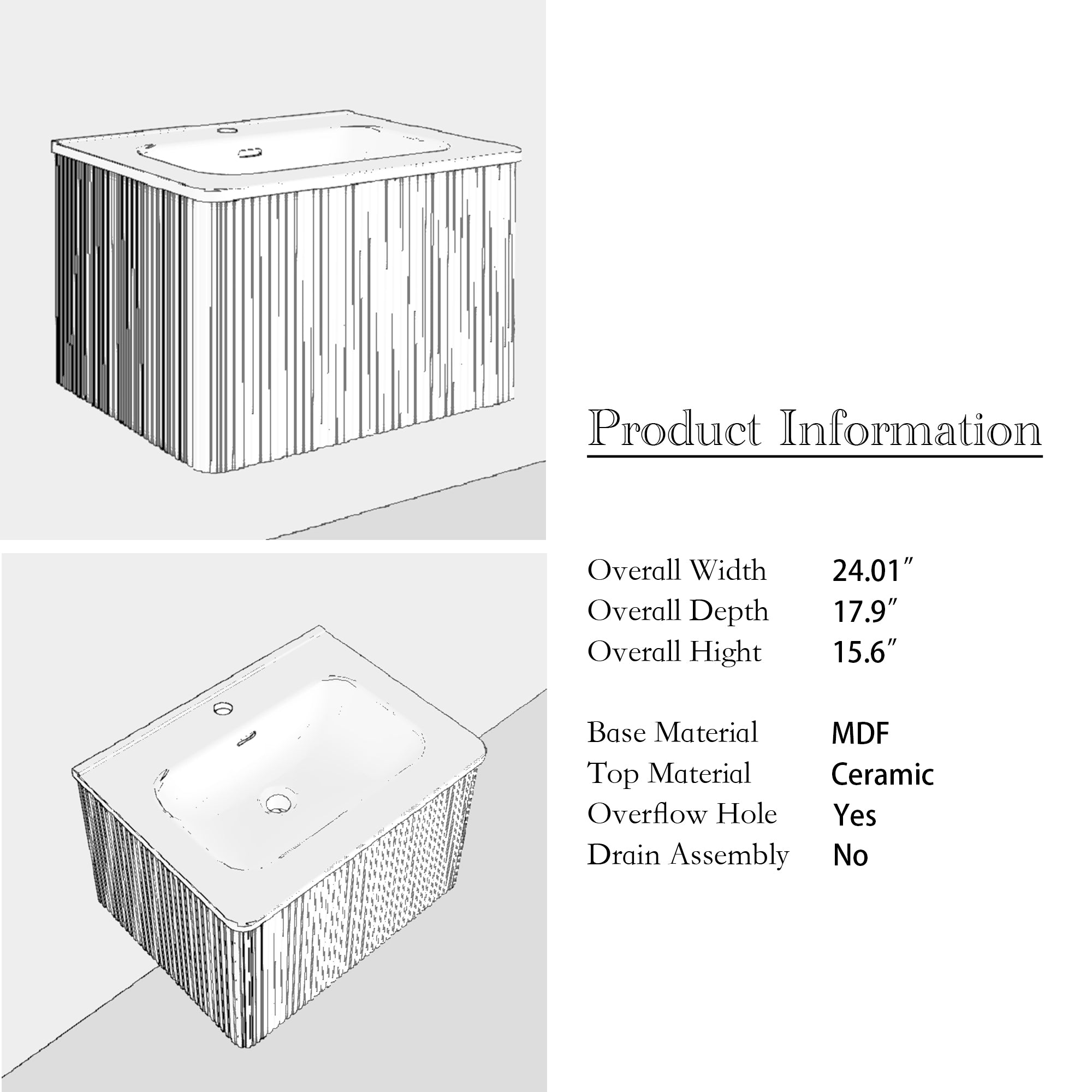 24 in./ 30 in. W Wall Mounted Bathroom Vanity with Integrated Ceramic Sink and Drawer