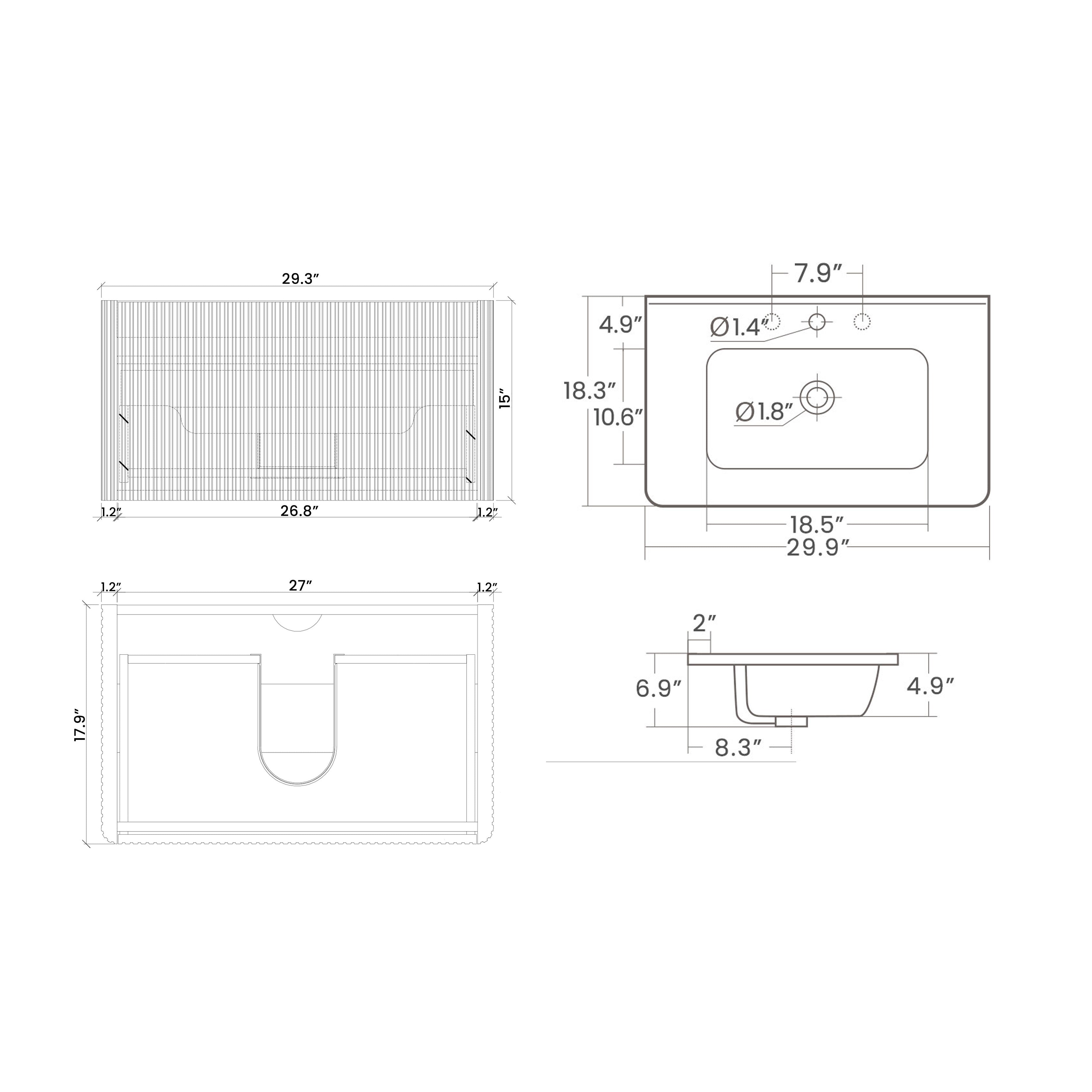 24 in./ 30 in. W Wall Mounted Bathroom Vanity with Integrated Ceramic Sink and Drawer