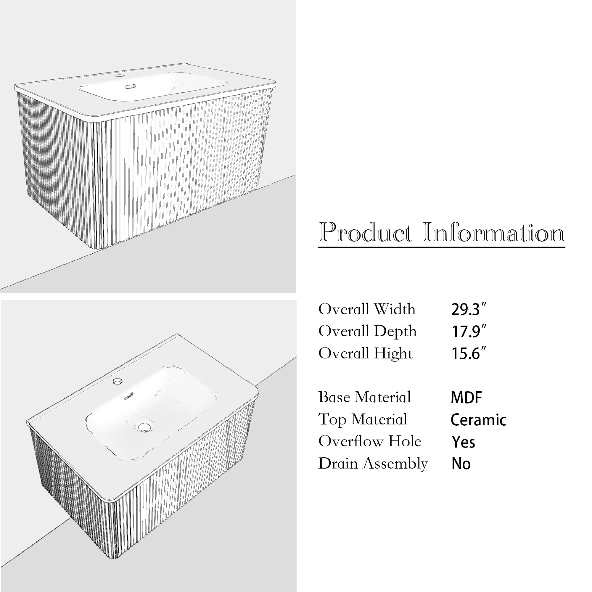 24 in./ 30 in. W Wall Mounted Bathroom Vanity with Integrated Ceramic Sink and Drawer