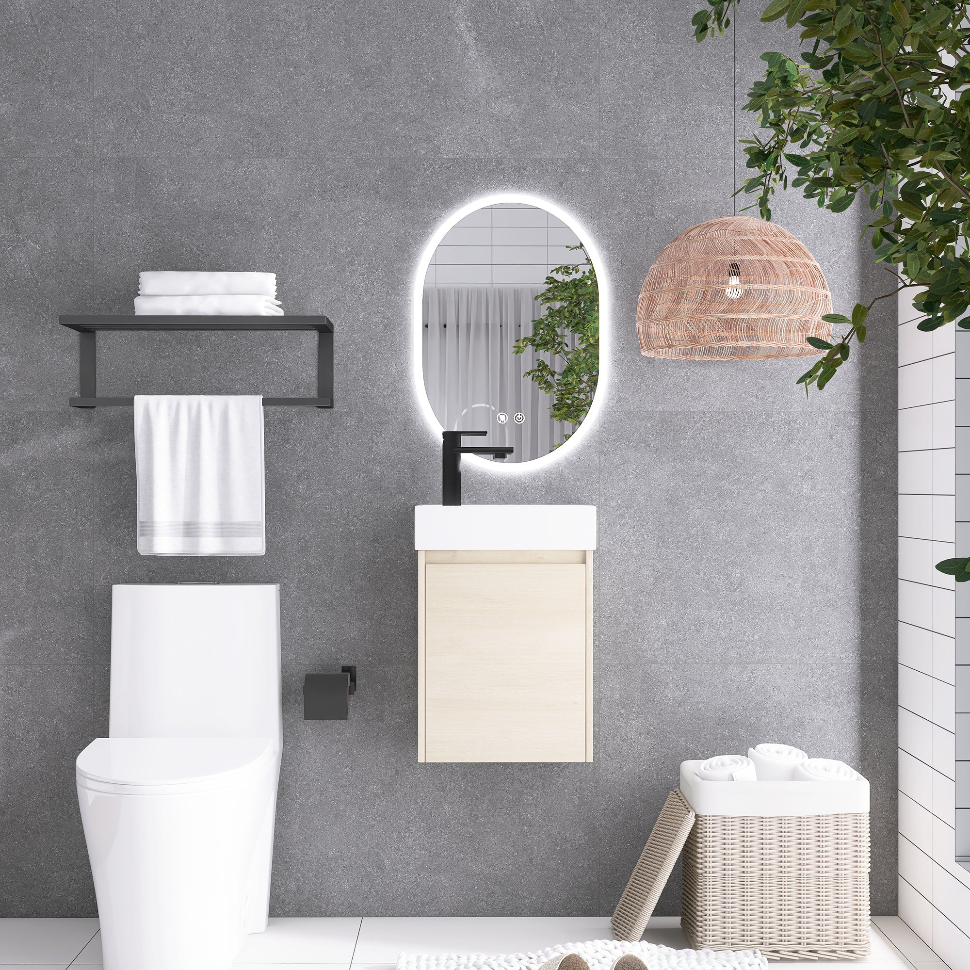 16 Inch Wall-Mounted Small Bathroom Vanity with Ceramic Sink and Soft Closing Doors