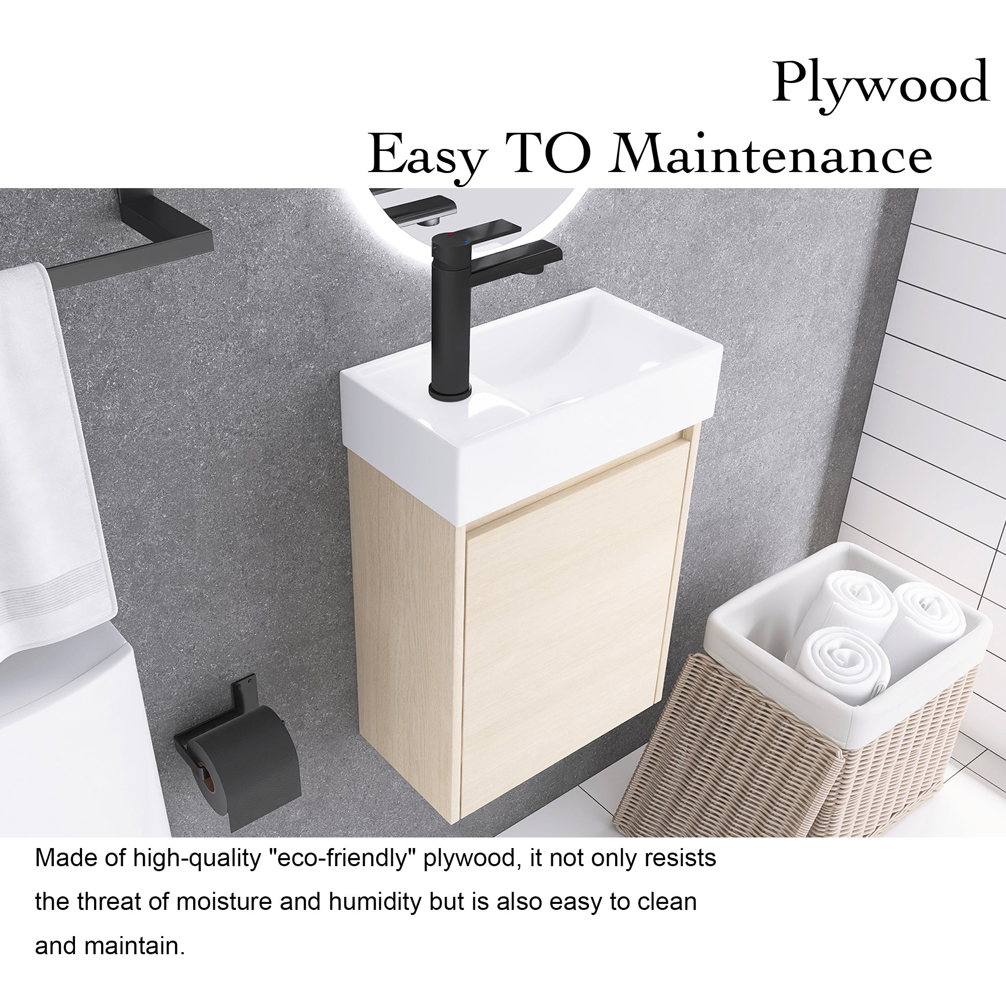 16 Inch Wall-Mounted Small Bathroom Vanity with Ceramic Sink and Soft Closing Doors