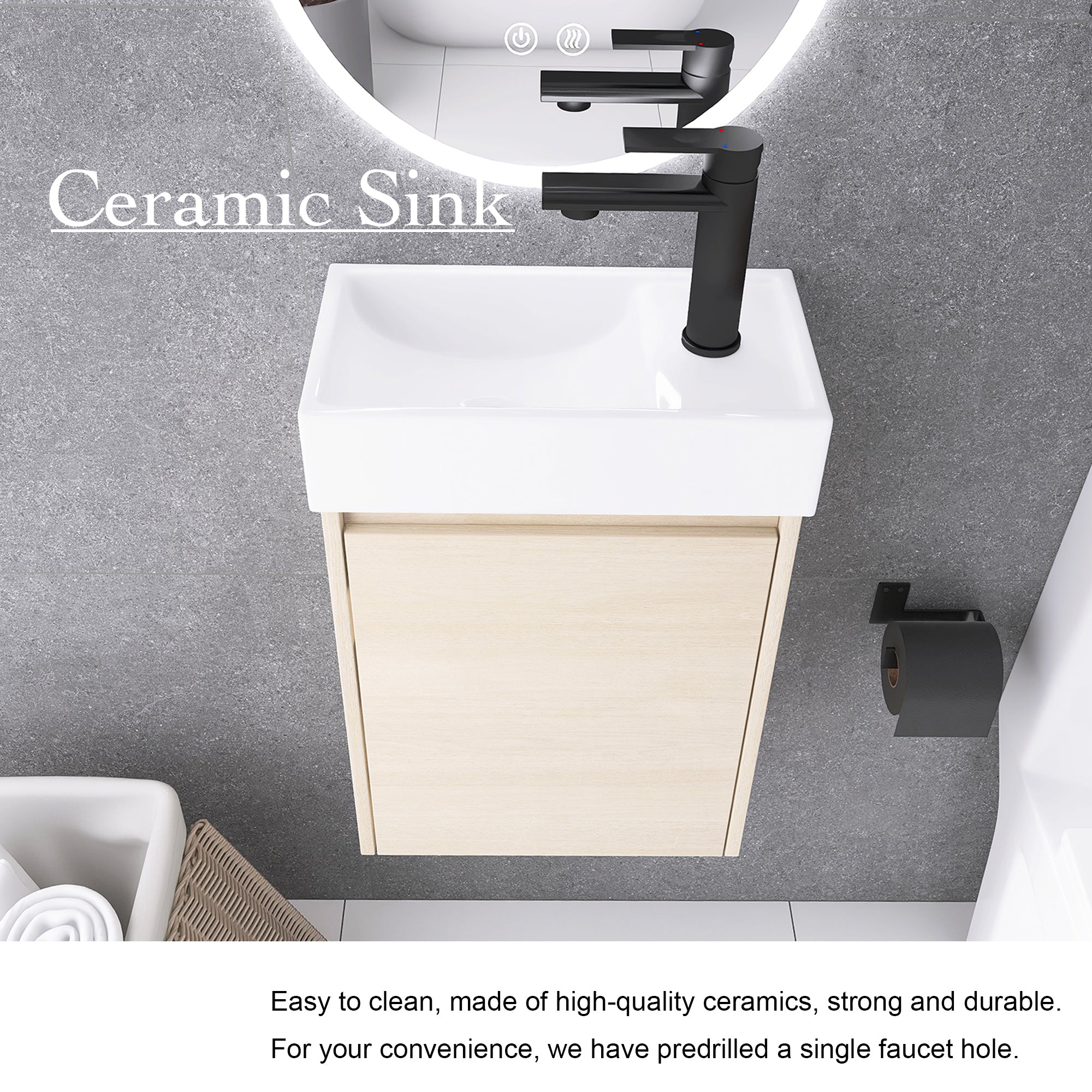 16 Inch Wall-Mounted Small Bathroom Vanity with Ceramic Sink and Soft Closing Doors