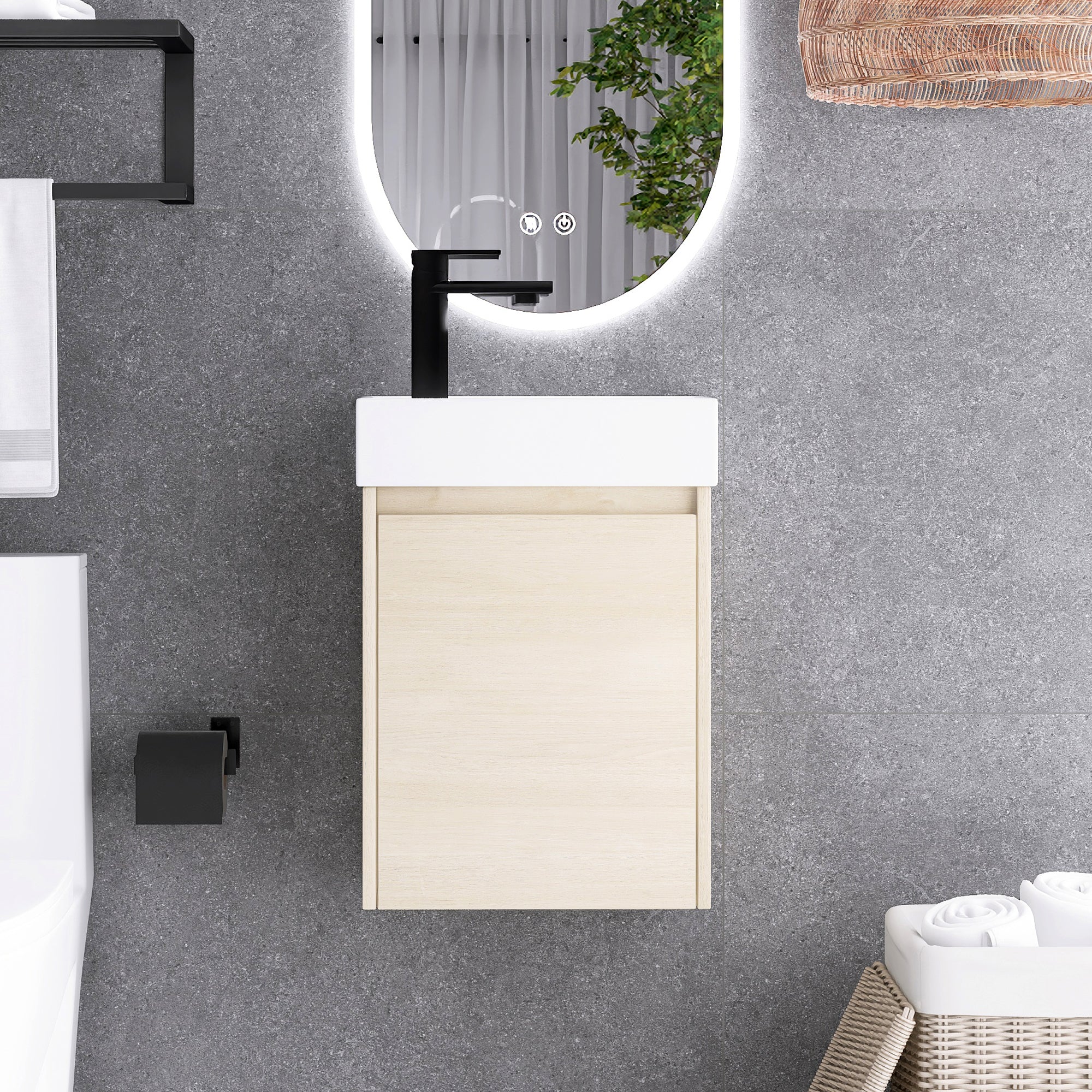 16 Inch Wall-Mounted Small Bathroom Vanity with Ceramic Sink and Soft Closing Doors