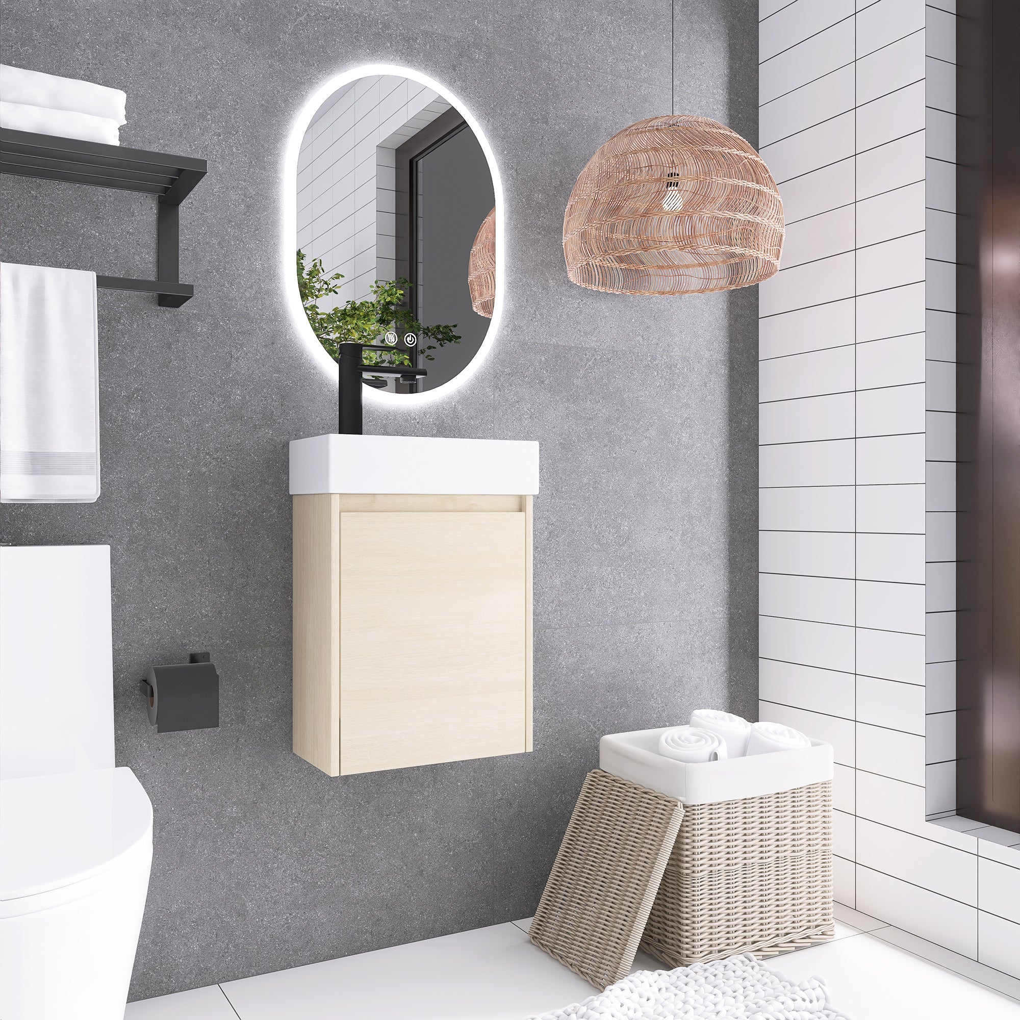 16 Inch Wall-Mounted Small Bathroom Vanity with Ceramic Sink and Soft Closing Doors