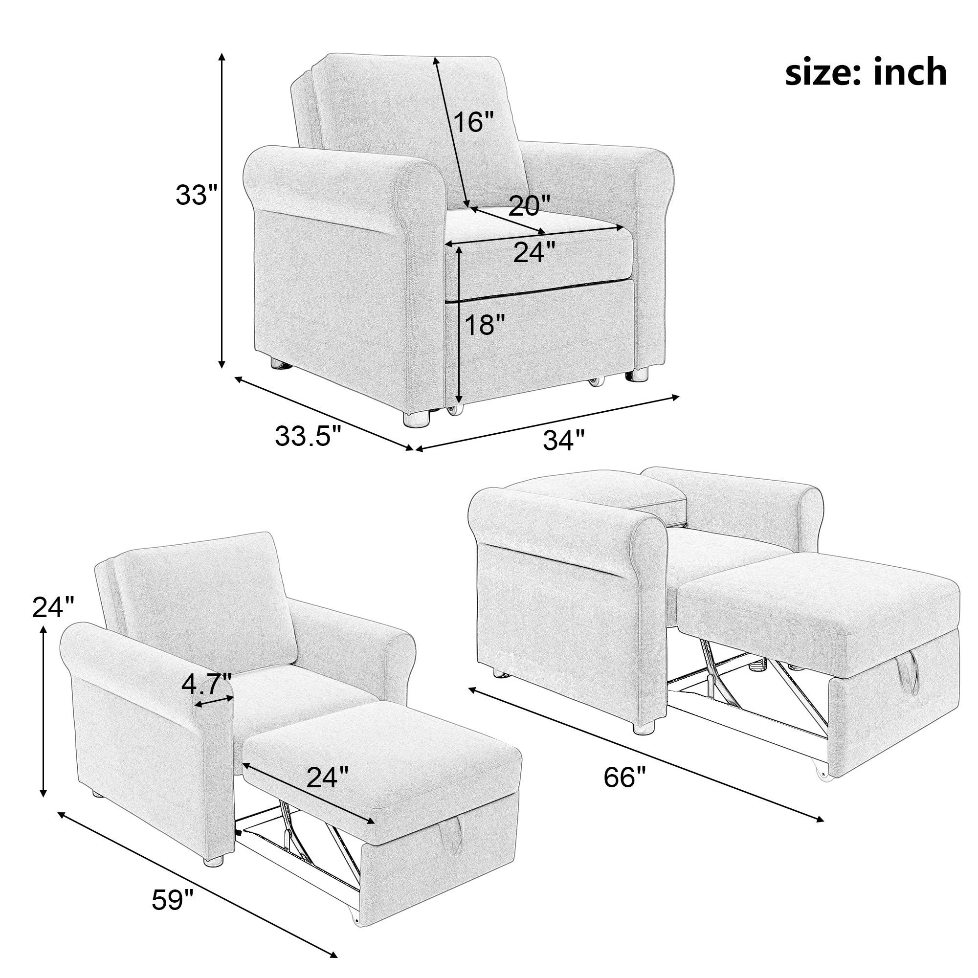 3-in-1 Sofa Bed Chair Convertible Sleeper Chair