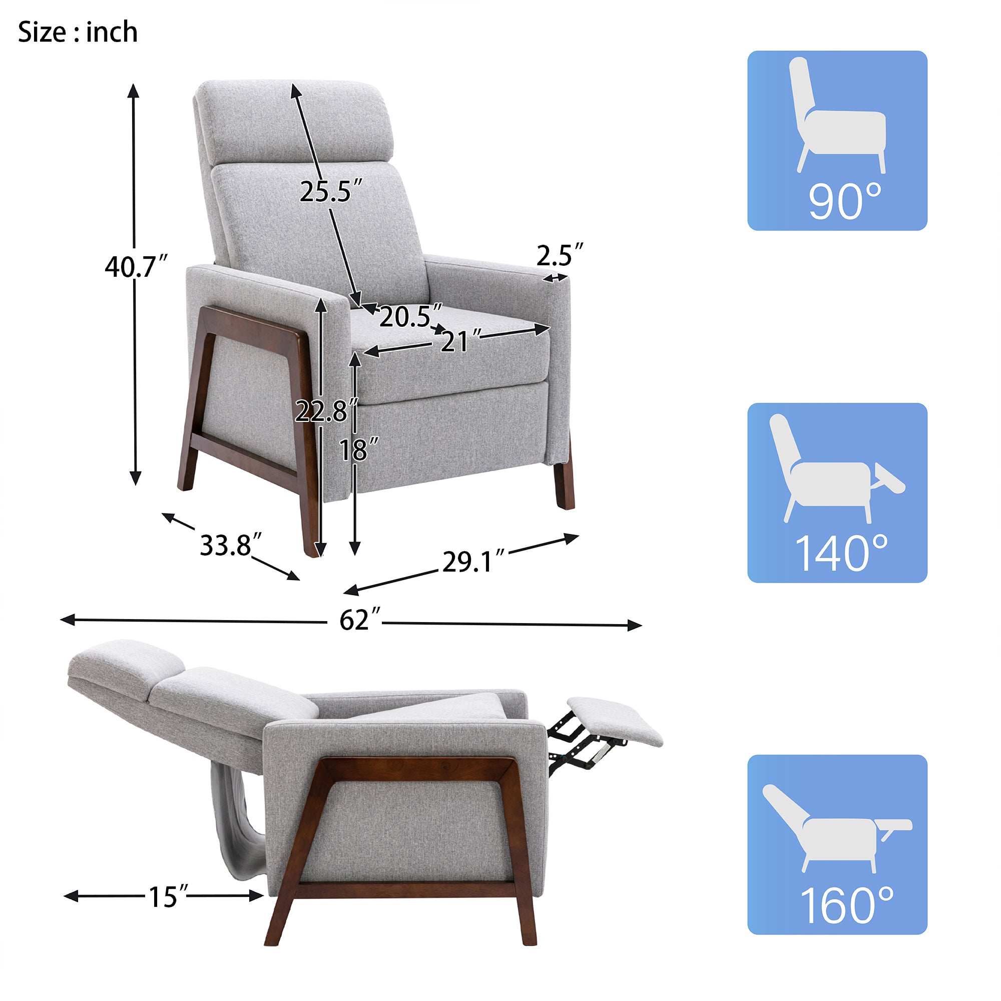 Wood-Framed Upholstered Recliner Chair with Thick Seat Cushion and Backrest