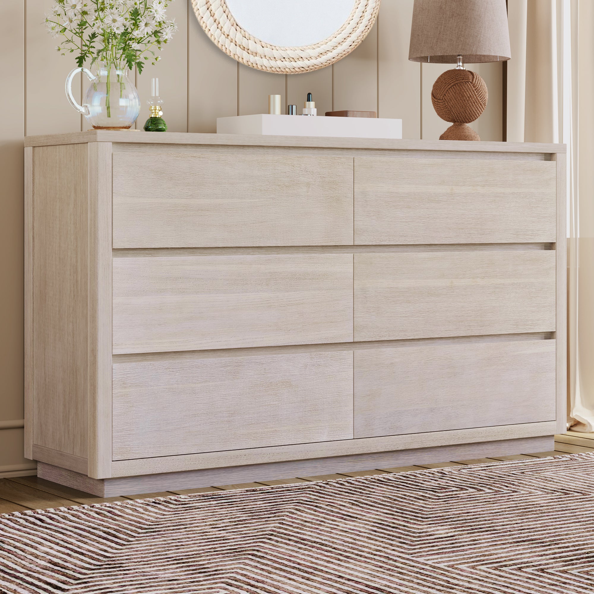 3 Pieces Modern Concise Style Bedroom Set Solid Wood Grain Platform Full Bed Frame + Nightstand +6-Drawer Dresser