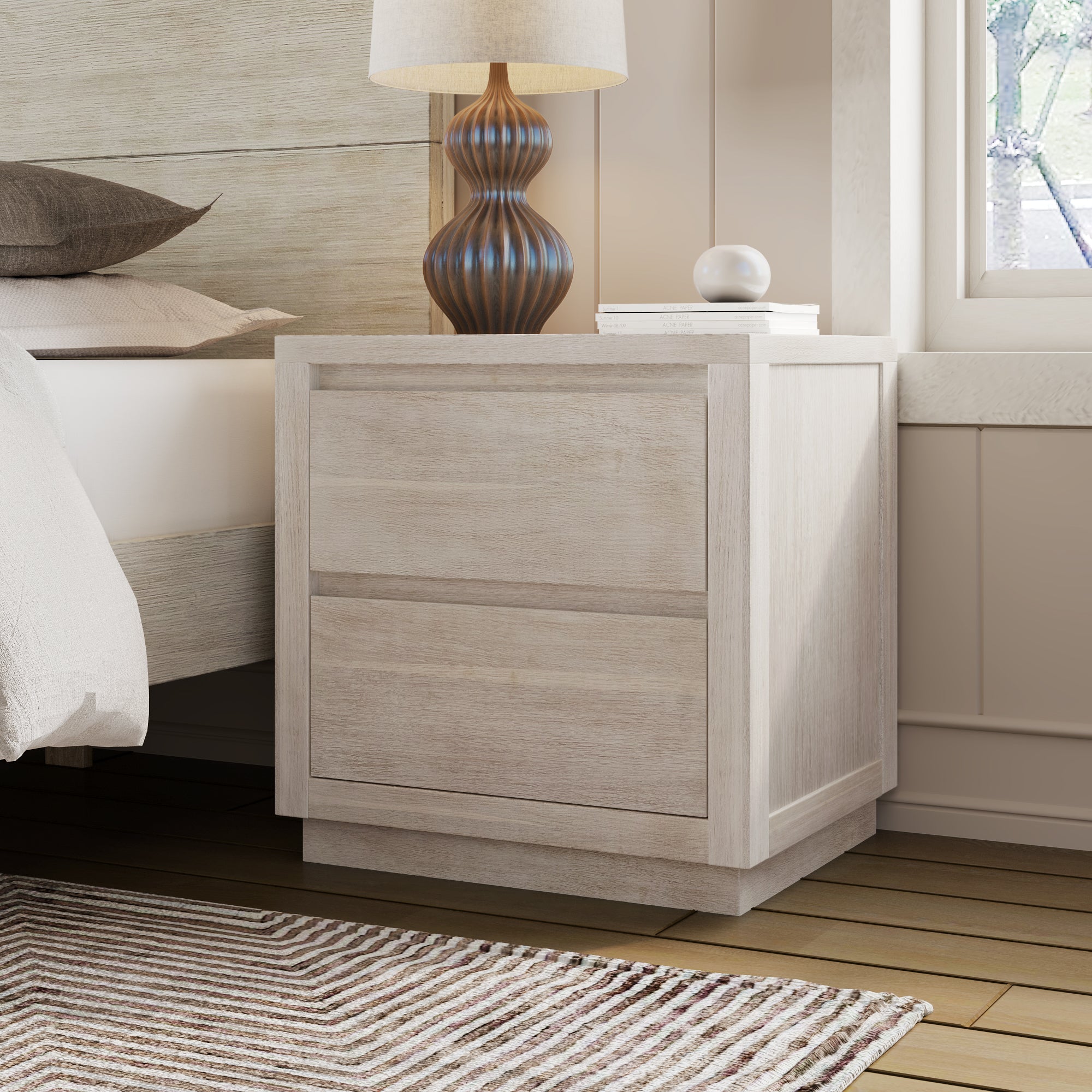 3 Pieces Modern Concise Style Bedroom Set Solid Wood Grain Platform Full Bed Frame + Nightstand +6-Drawer Dresser