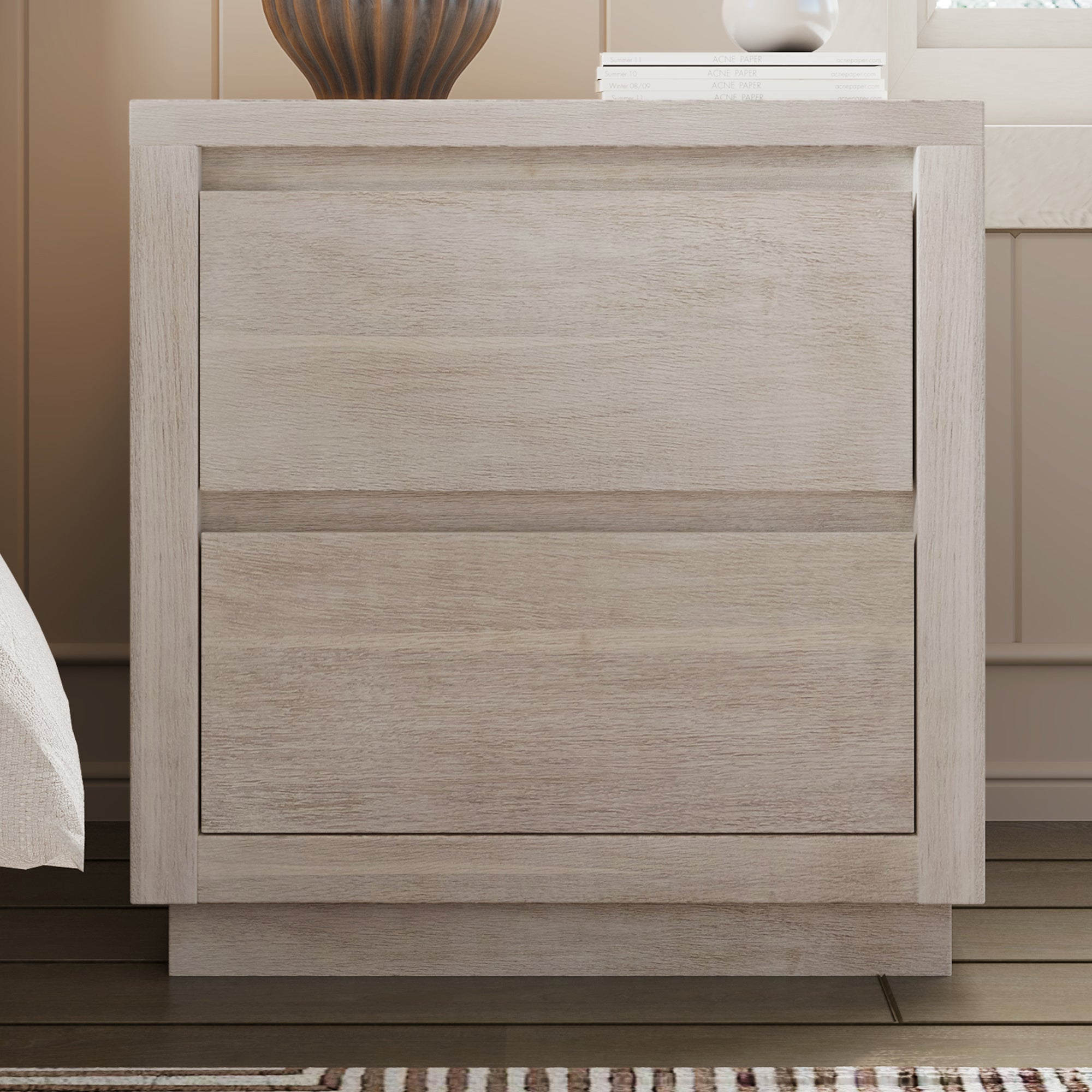 3 Pieces Modern Concise Style Bedroom Set Solid Wood Grain Platform Full Bed Frame + Nightstand +6-Drawer Dresser