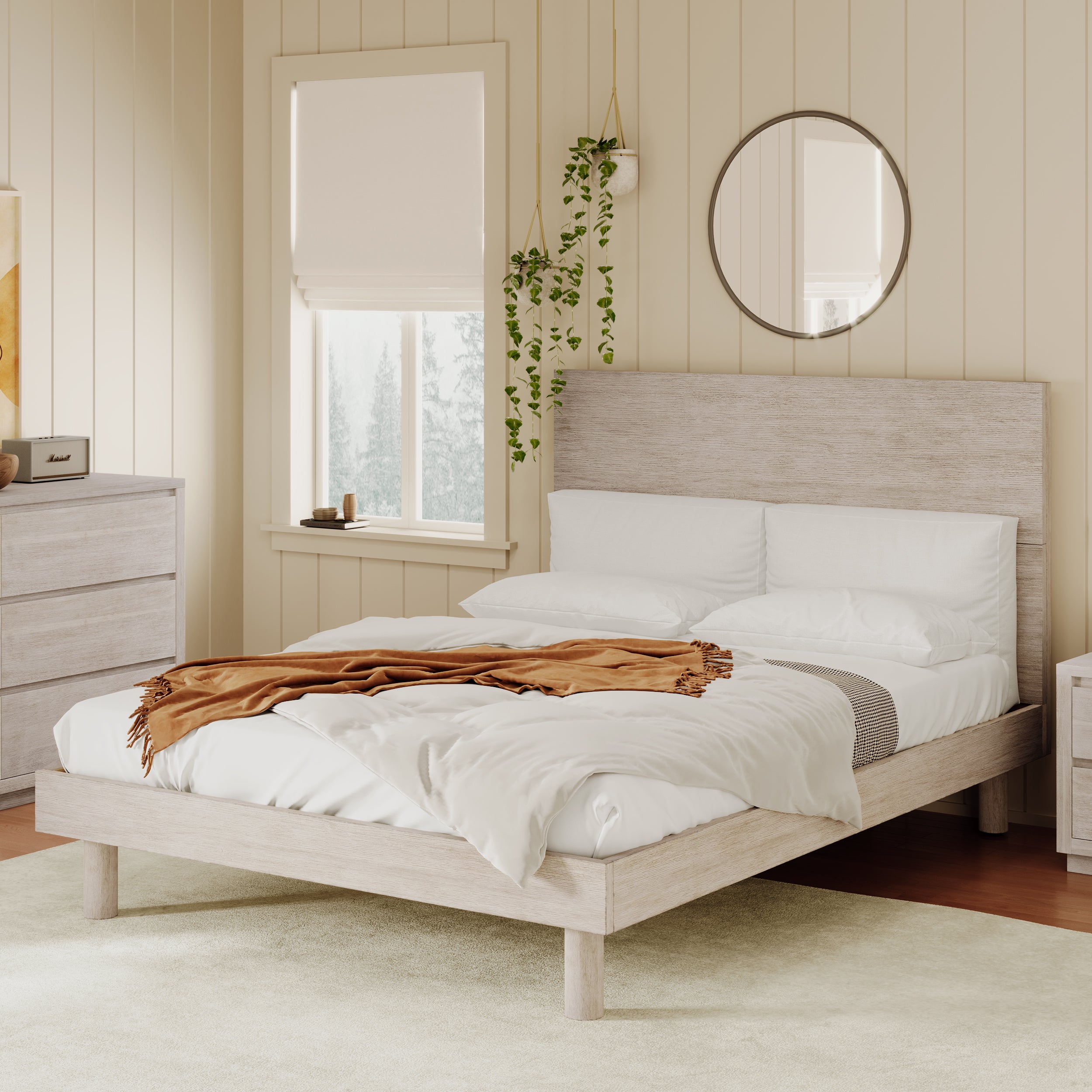 3 Pieces Modern Concise Style Bedroom Set Solid Wood Grain Platform Full Bed Frame + Nightstand +6-Drawer Dresser