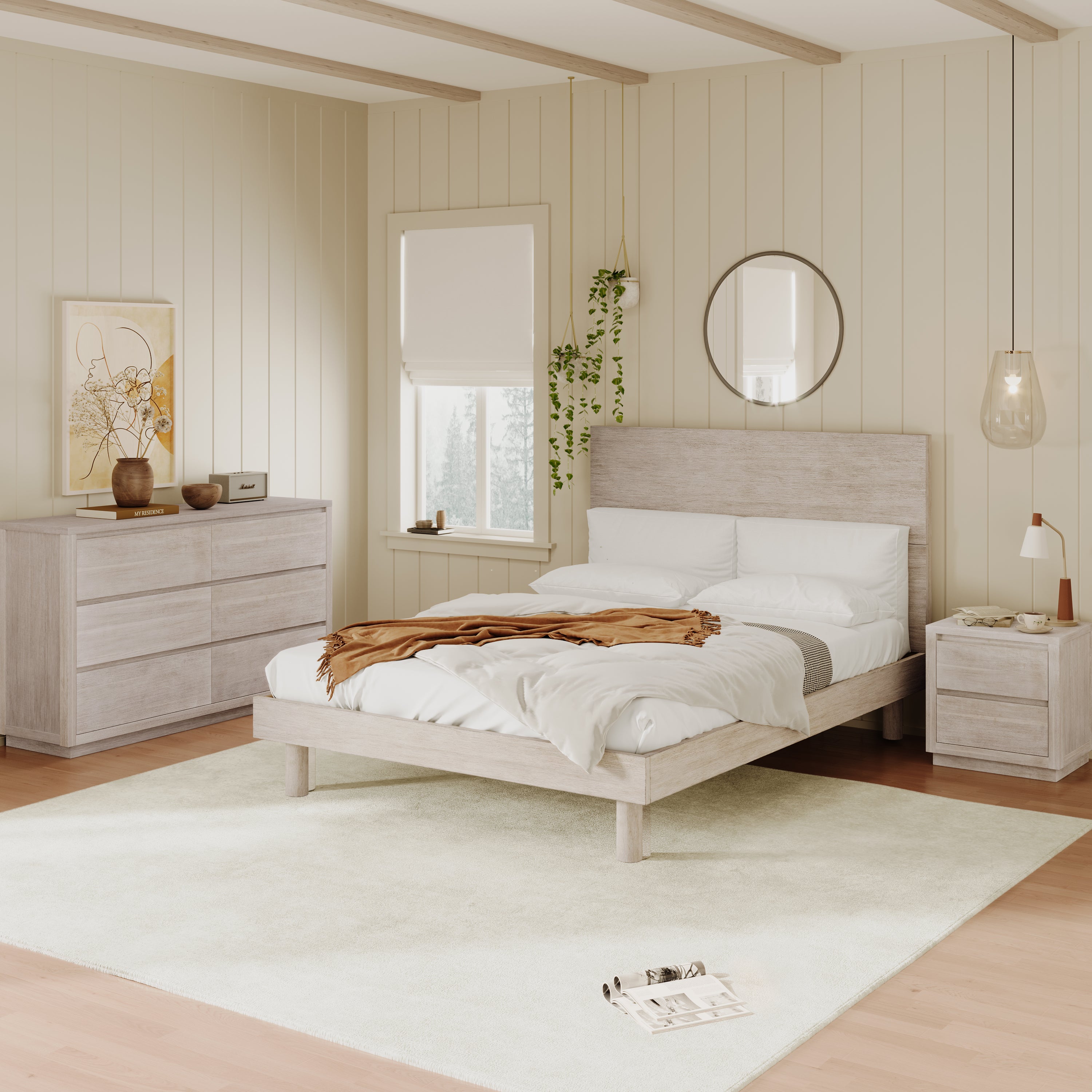 3 Pieces Modern Concise Style Bedroom Set Solid Wood Grain Platform Full Bed Frame + Nightstand +6-Drawer Dresser