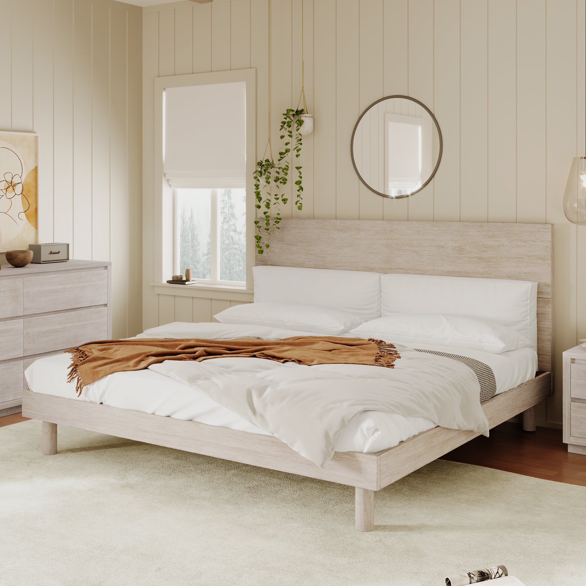 3 Pieces Modern Concise Style Bedroom Set Solid Wood Grain Platform Full Bed Frame + Nightstand +6-Drawer Dresser