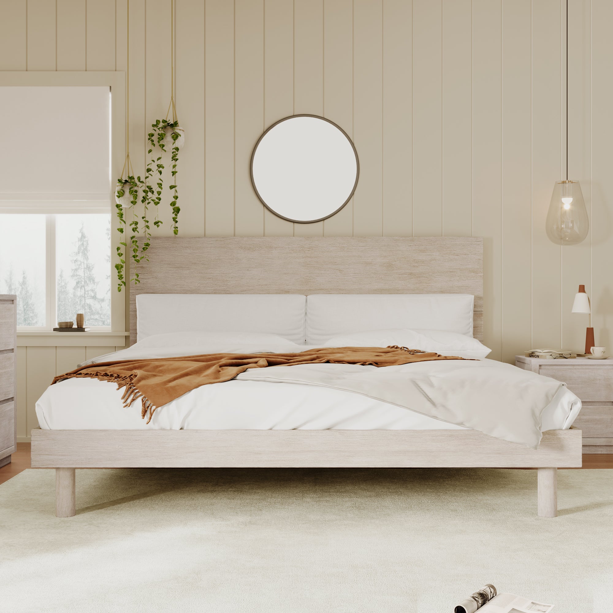 3 Pieces Modern Concise Style Bedroom Set Solid Wood Grain Platform Full Bed Frame + Nightstand +6-Drawer Dresser