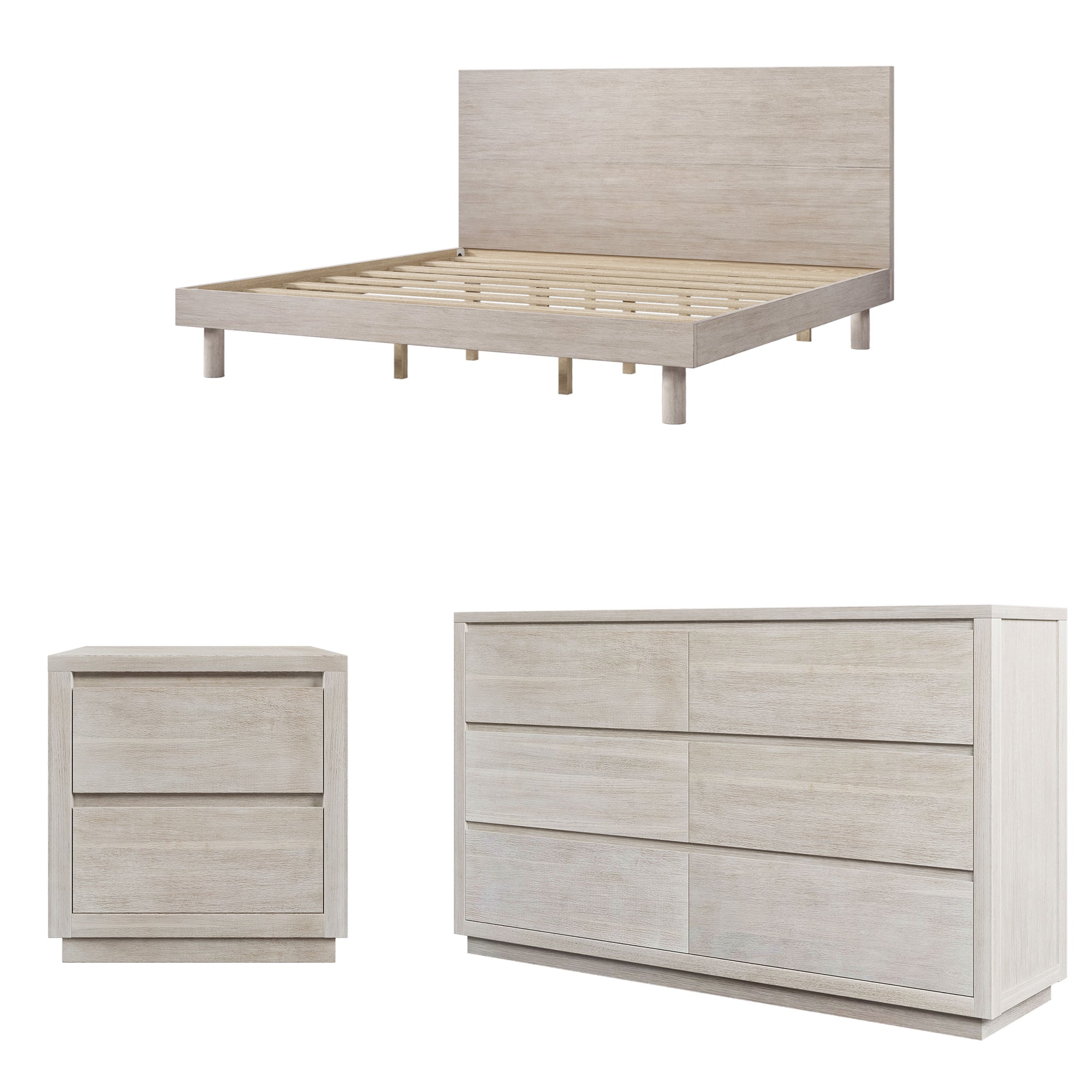 3 Pieces Modern Concise Style Bedroom Set Solid Wood Grain Platform Full Bed Frame + Nightstand +6-Drawer Dresser