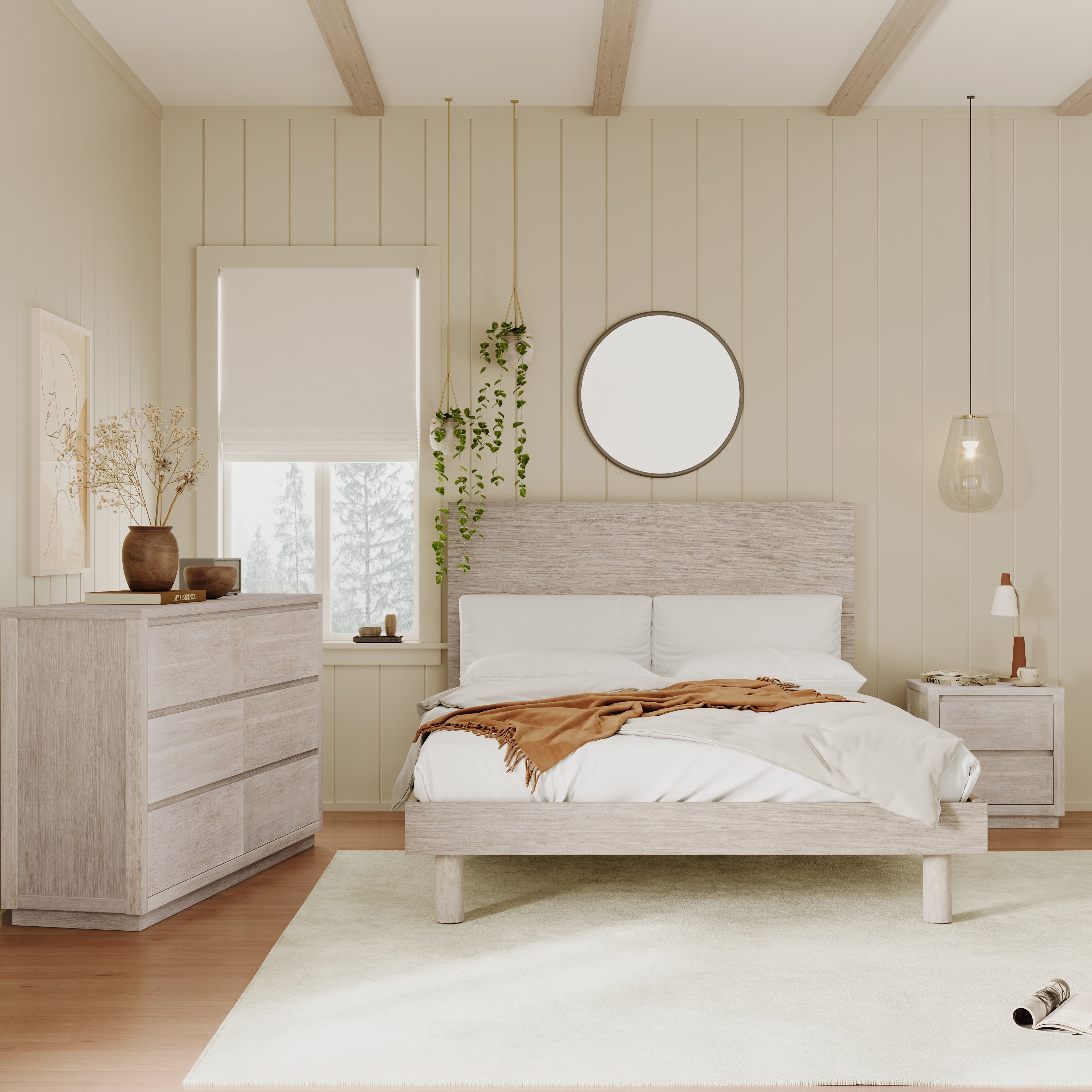 3 Pieces Modern Concise Style Bedroom Set Solid Wood Grain Platform Full Bed Frame + Nightstand +6-Drawer Dresser