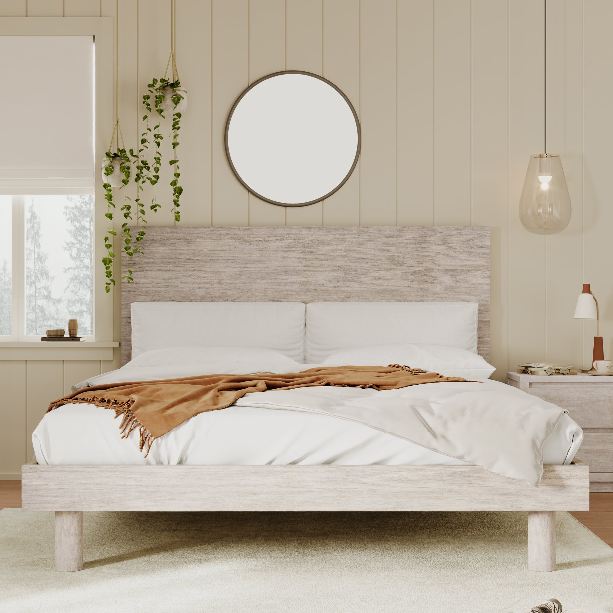 3 Pieces Modern Concise Style Bedroom Set Solid Wood Grain Platform Full Bed Frame + Nightstand +6-Drawer Dresser