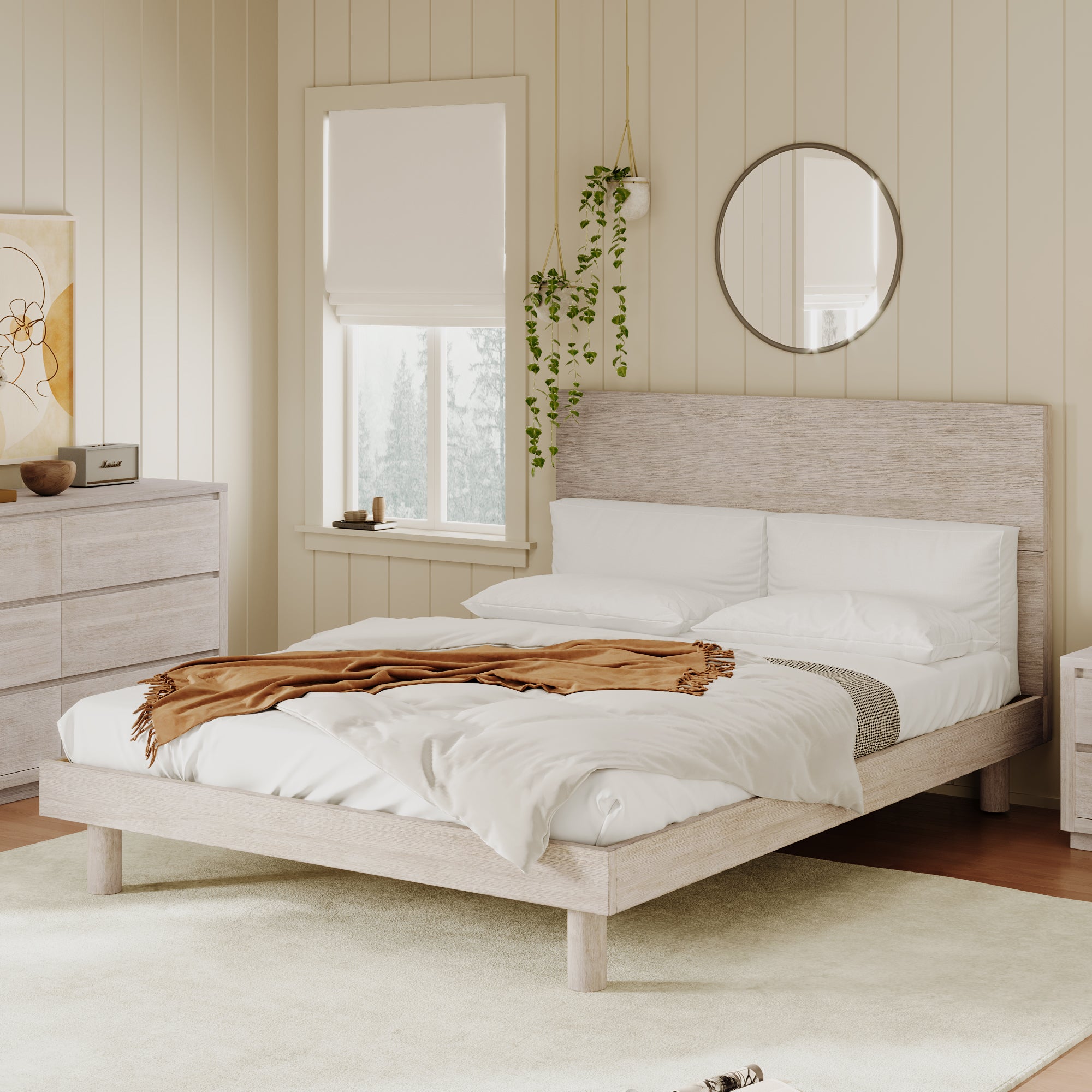 3 Pieces Modern Concise Style Bedroom Set Solid Wood Grain Platform Full Bed Frame + Nightstand +6-Drawer Dresser