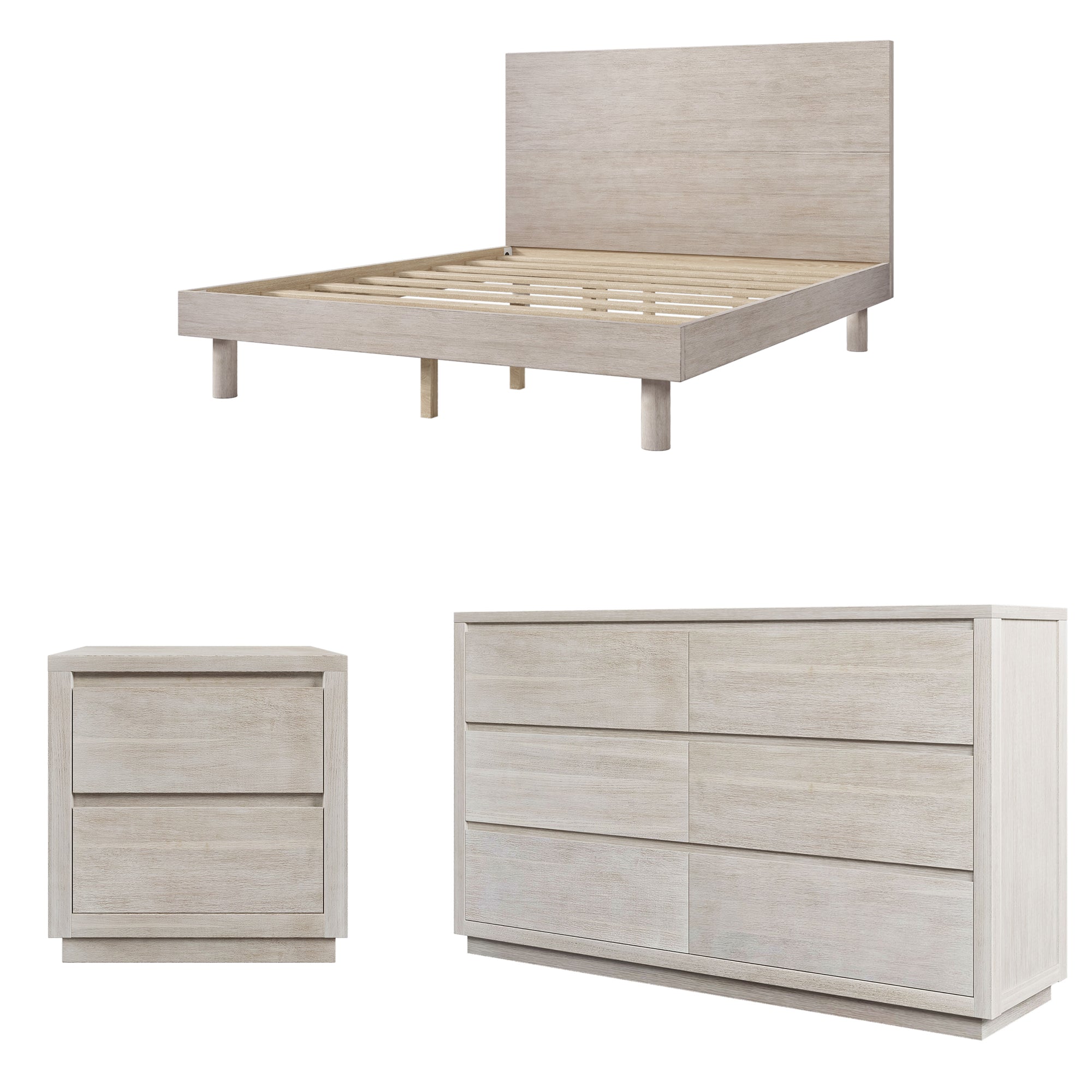 3 Pieces Modern Concise Style Bedroom Set Solid Wood Grain Platform Full Bed Frame + Nightstand +6-Drawer Dresser