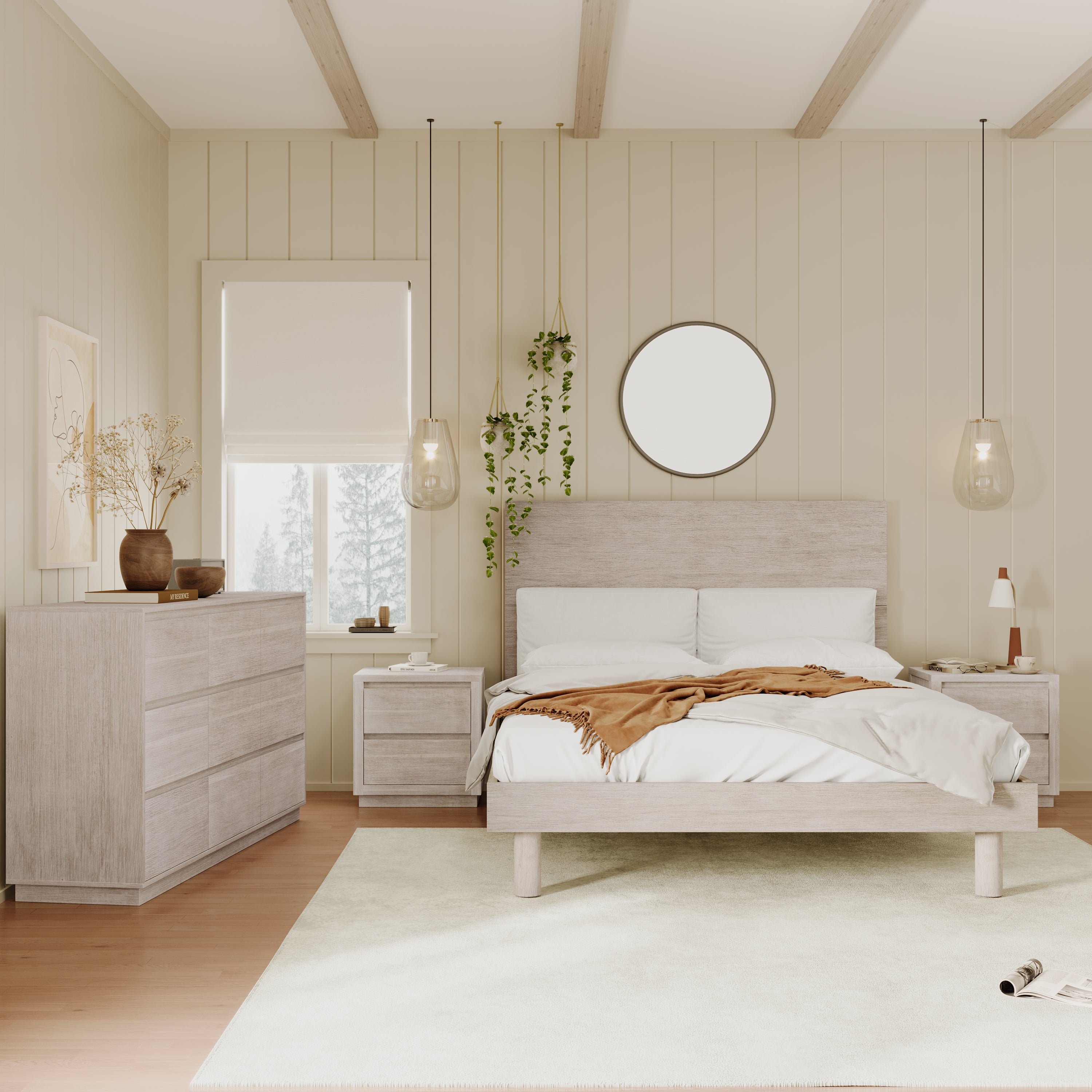 4 Pieces Modern Concise Style Bedroom Set Solid Wood Grain Frame Platform Full Bed