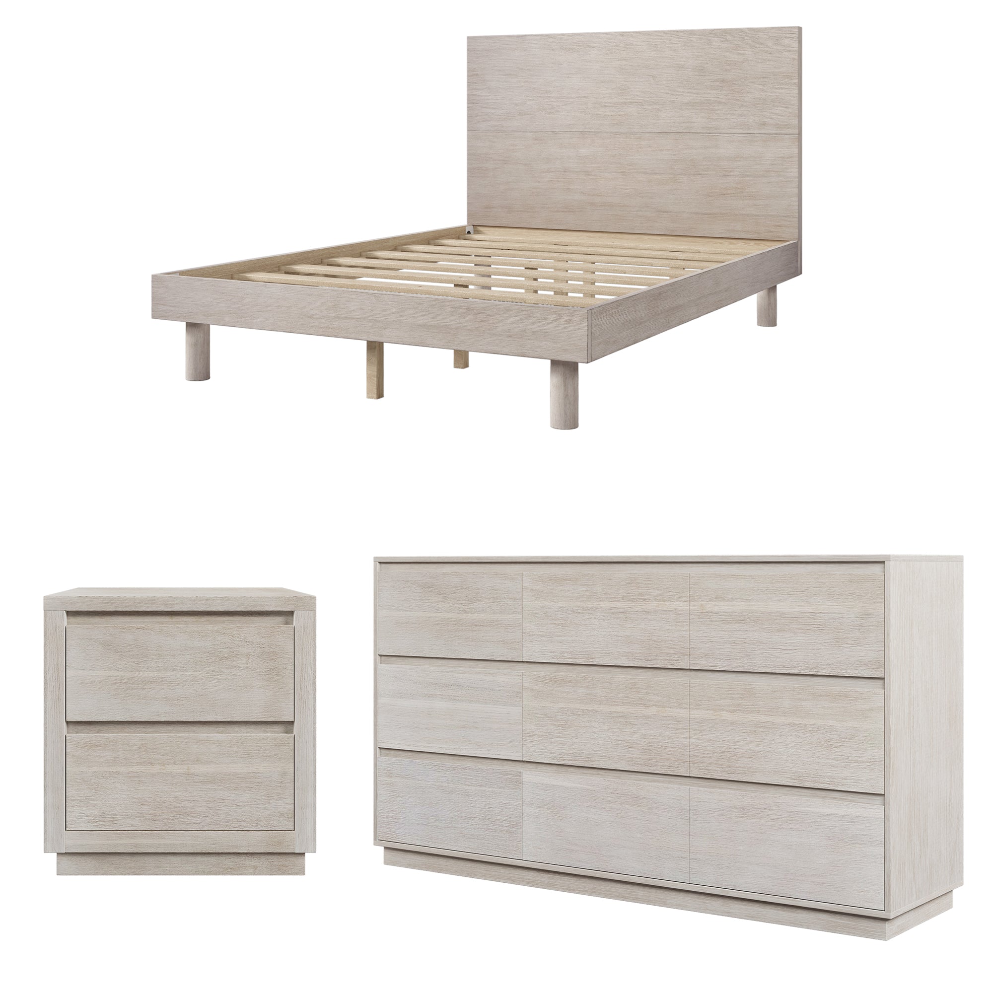 4 Pieces Modern Concise Style Bedroom Set Solid Wood Grain Frame Platform Full Bed
