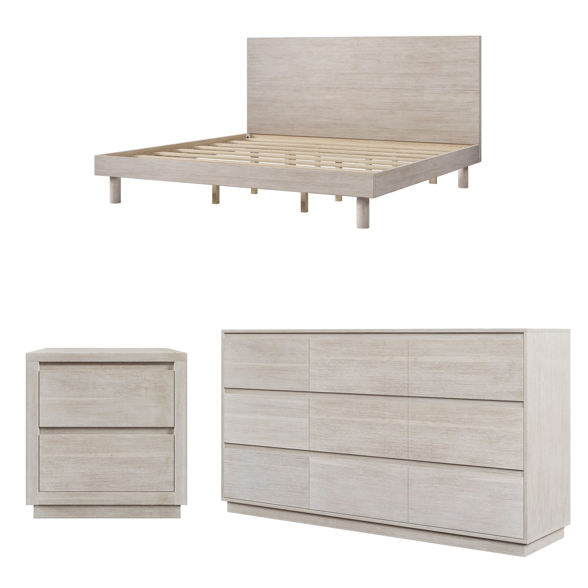 4 Pieces Modern Concise Style Bedroom Set Solid Wood Grain Frame Platform Full Bed
