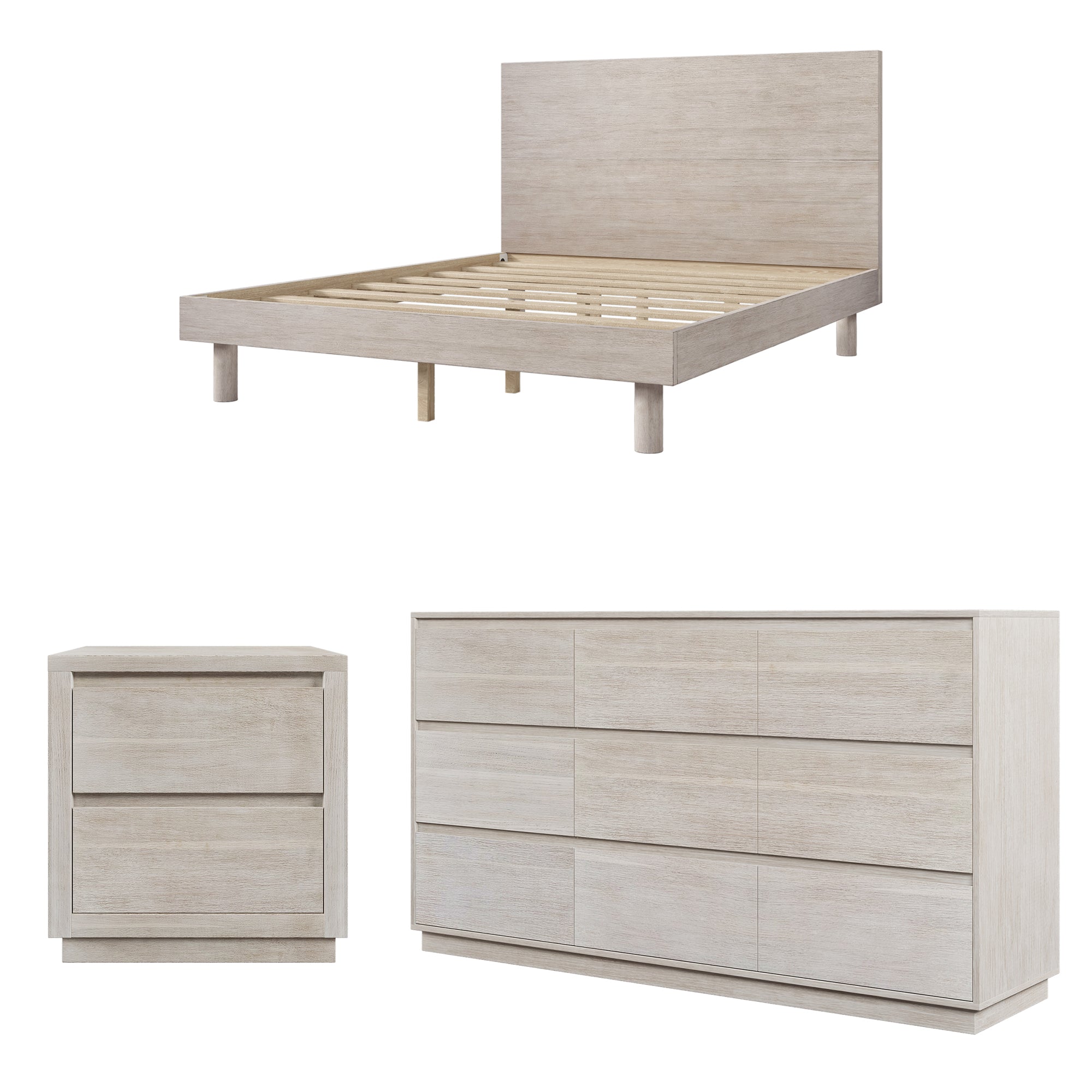 4 Pieces Modern Concise Style Bedroom Set Solid Wood Grain Frame Platform Full Bed