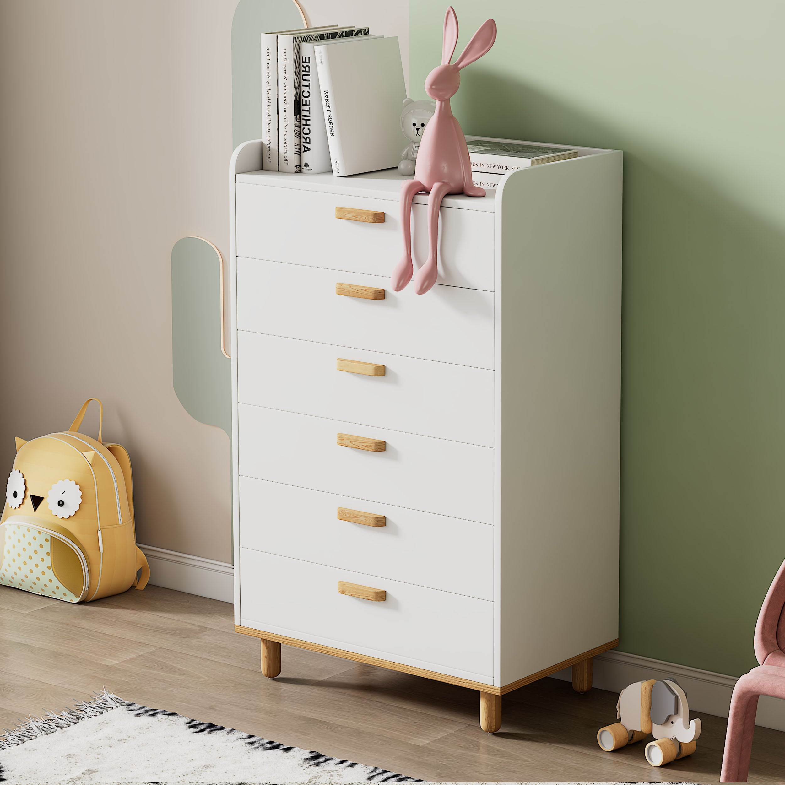 2 Pieces White Wood Bathroom Sets House Bed with Desk and 6-Drawer Chest