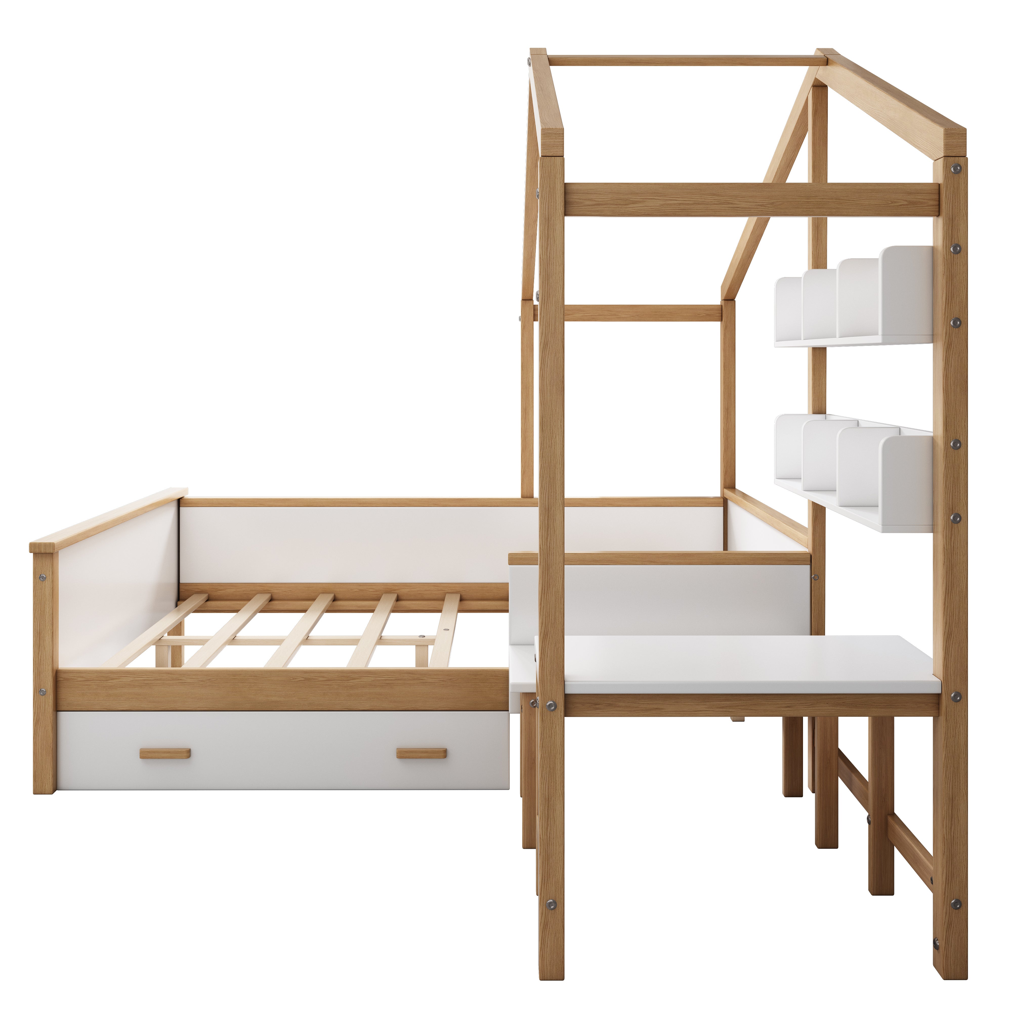 2 Pieces White Wood Bathroom Sets House Bed with Desk and 6-Drawer Chest