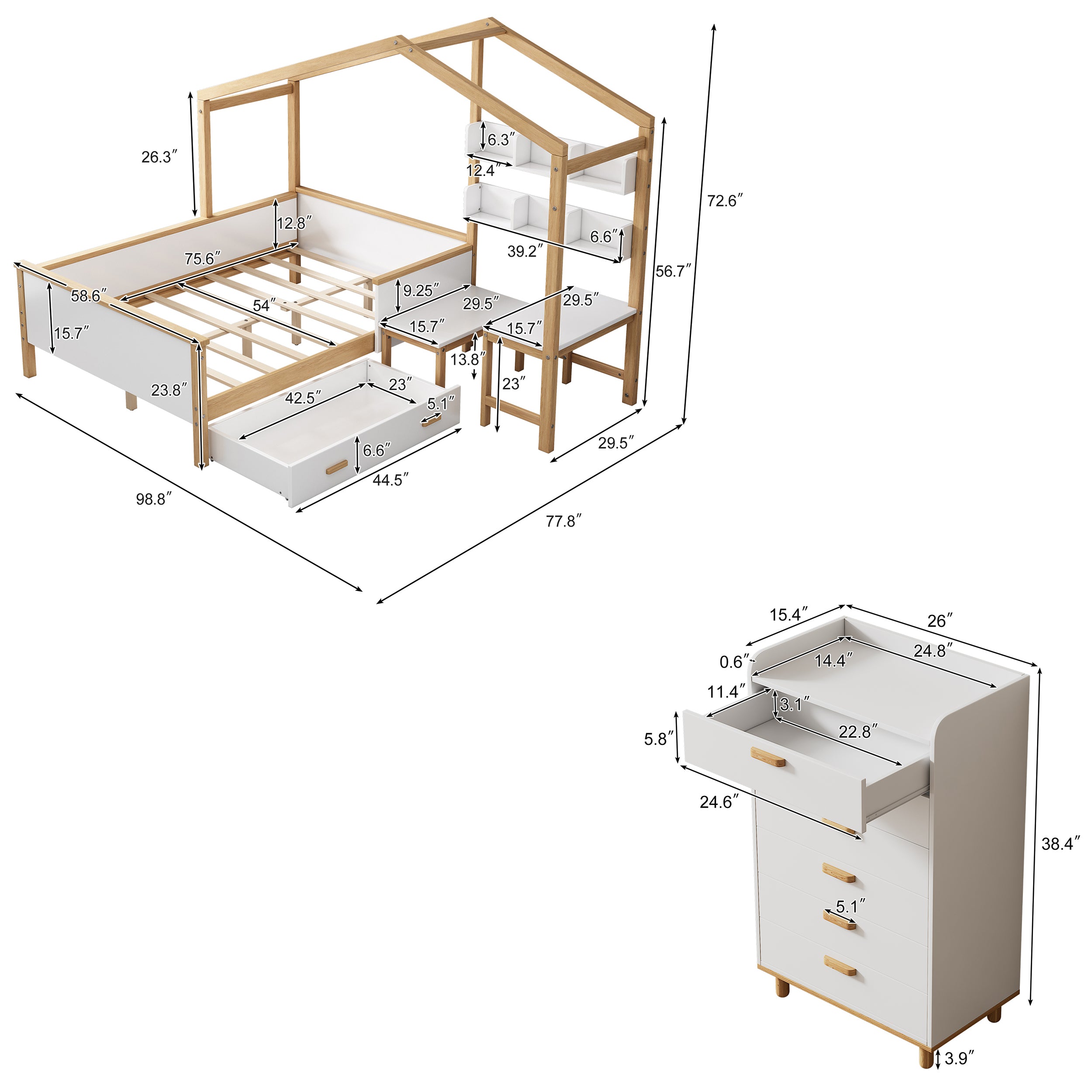 2 Pieces White Wood Bathroom Sets House Bed with Desk and 6-Drawer Chest