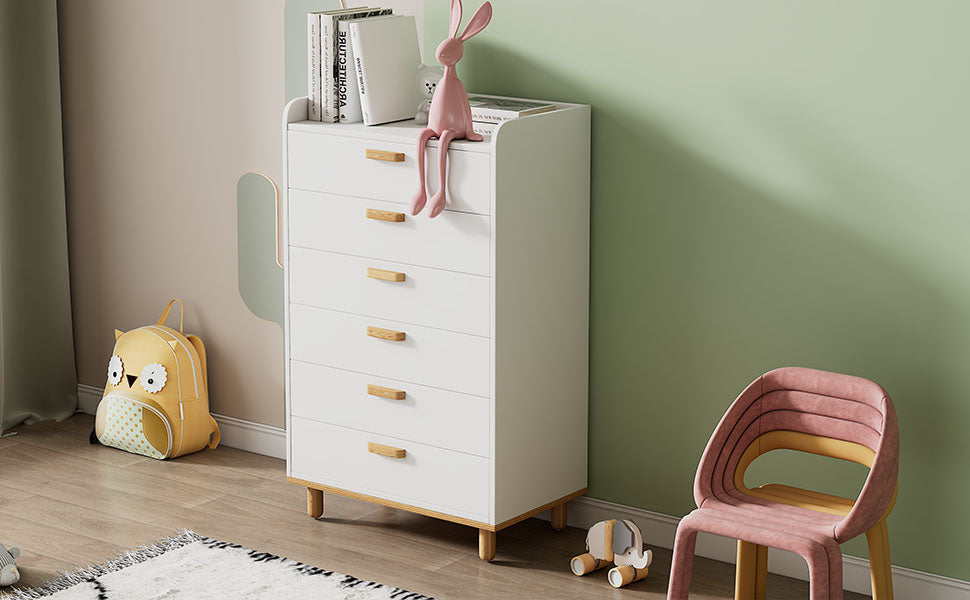 2 Pieces White Wood Bathroom Sets House Bed with Desk and 6-Drawer Chest