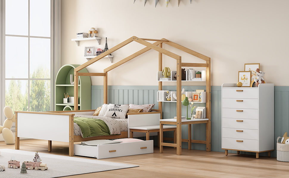 2 Pieces White Wood Bathroom Sets House Bed with Desk and 6-Drawer Chest