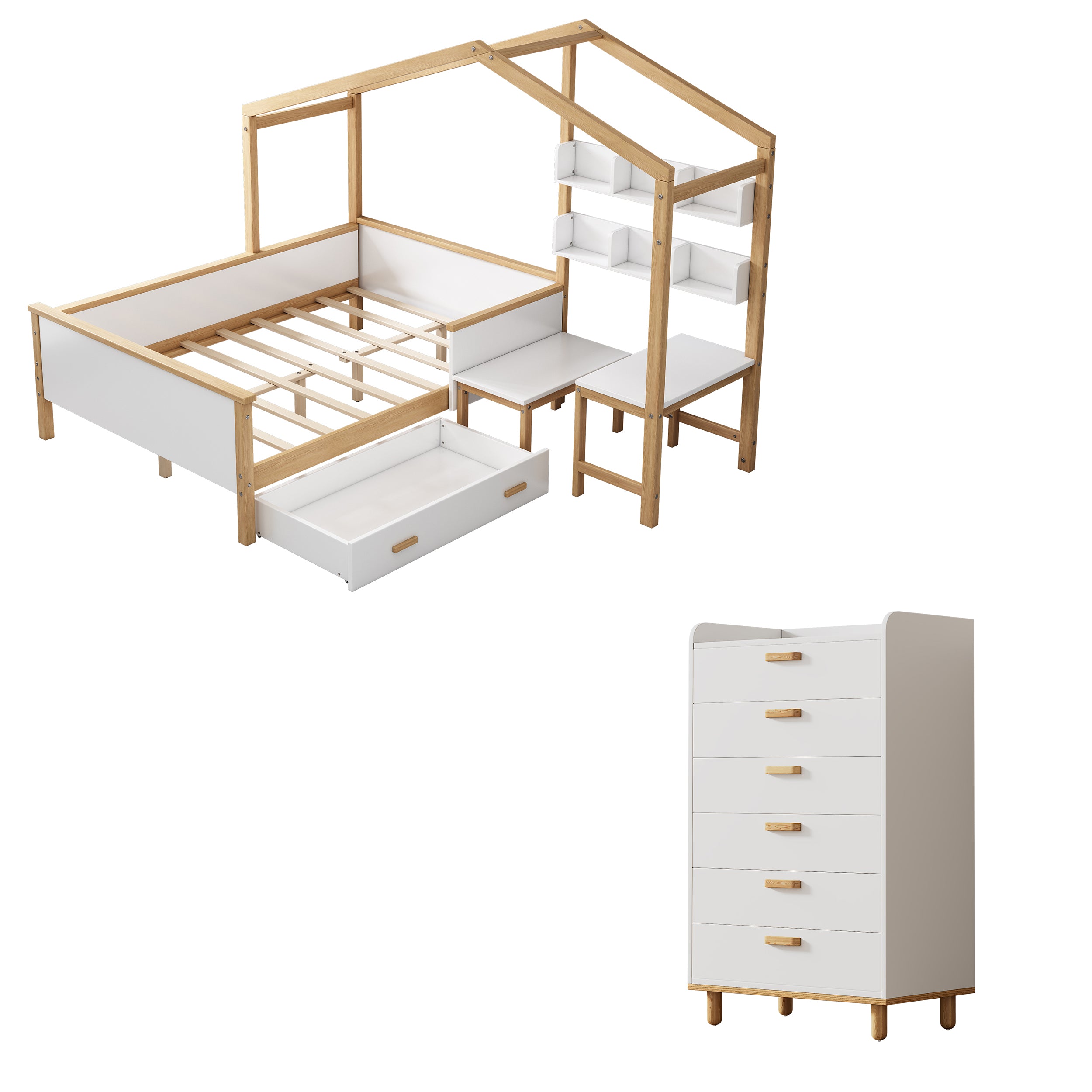 2 Pieces White Wood Bathroom Sets House Bed with Desk and 6-Drawer Chest