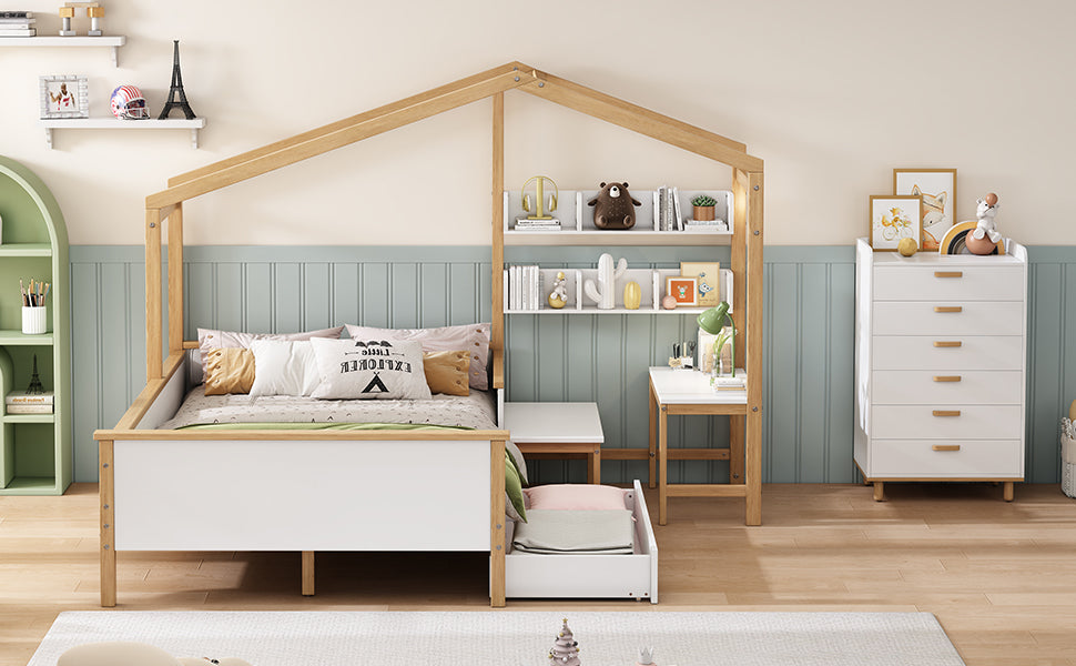 2 Pieces White Wood Bathroom Sets House Bed with Desk and 6-Drawer Chest
