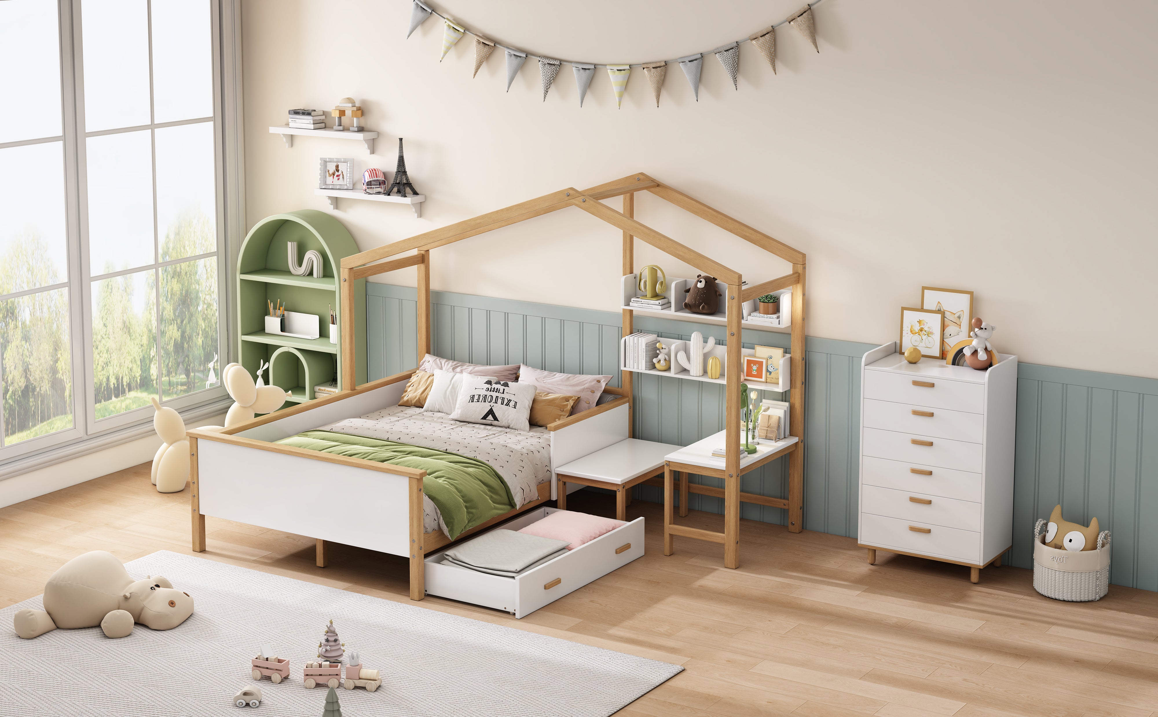 2 Pieces White Wood Bathroom Sets House Bed with Desk and 6-Drawer Chest