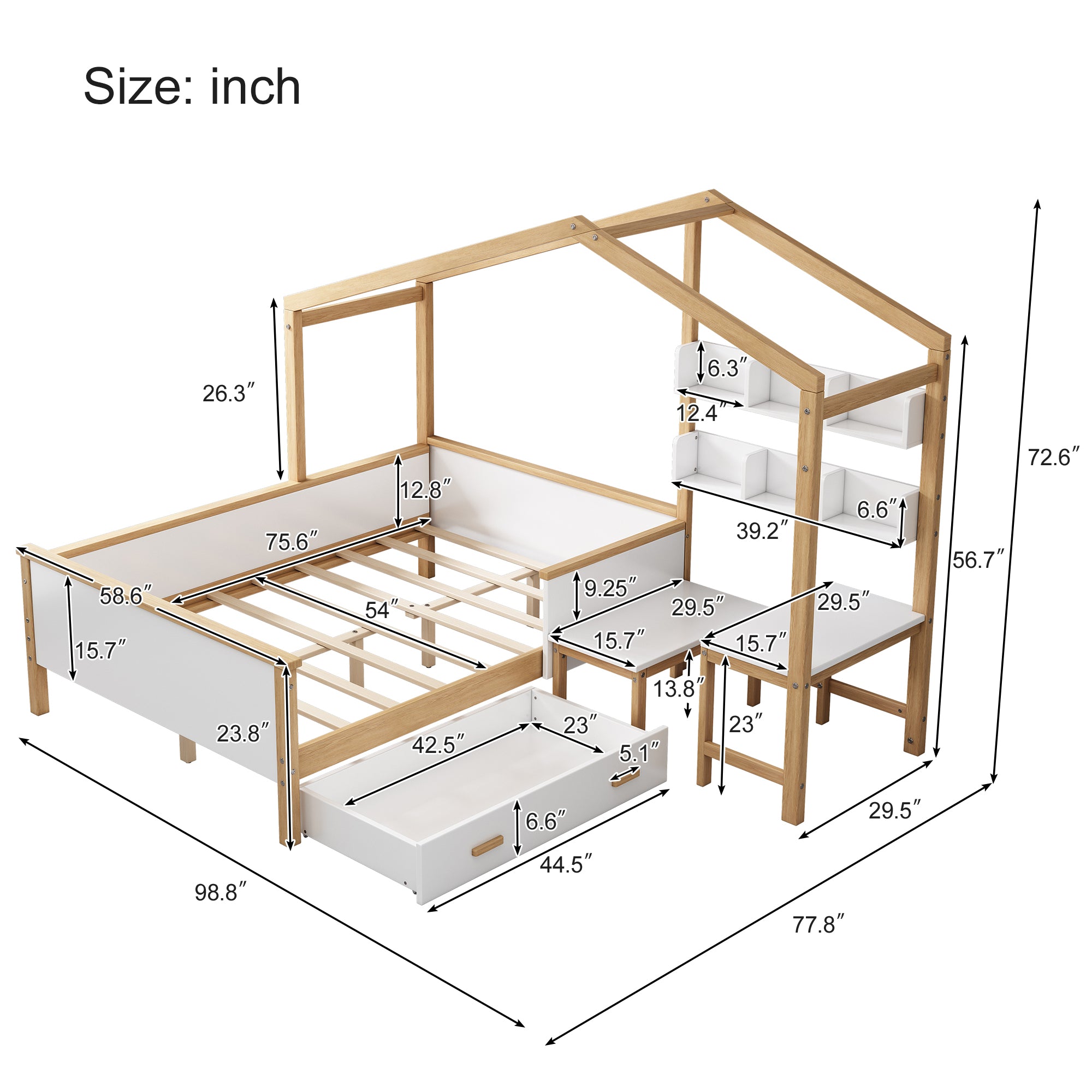 2 Pieces White Wood Bathroom Sets House Bed with Desk and 6-Drawer Chest