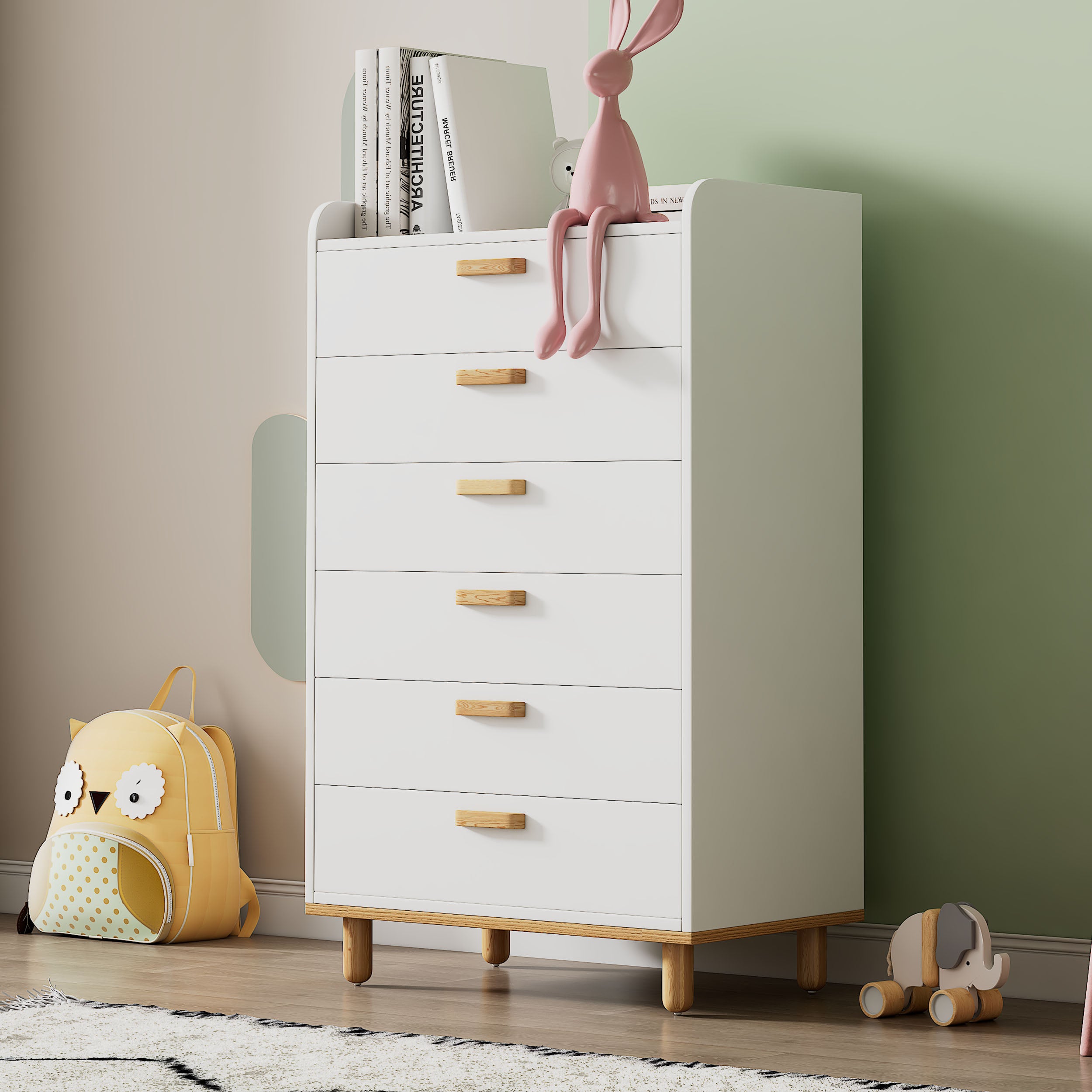 2 Pieces White Wood Bathroom Sets House Bed with Desk and 6-Drawer Chest