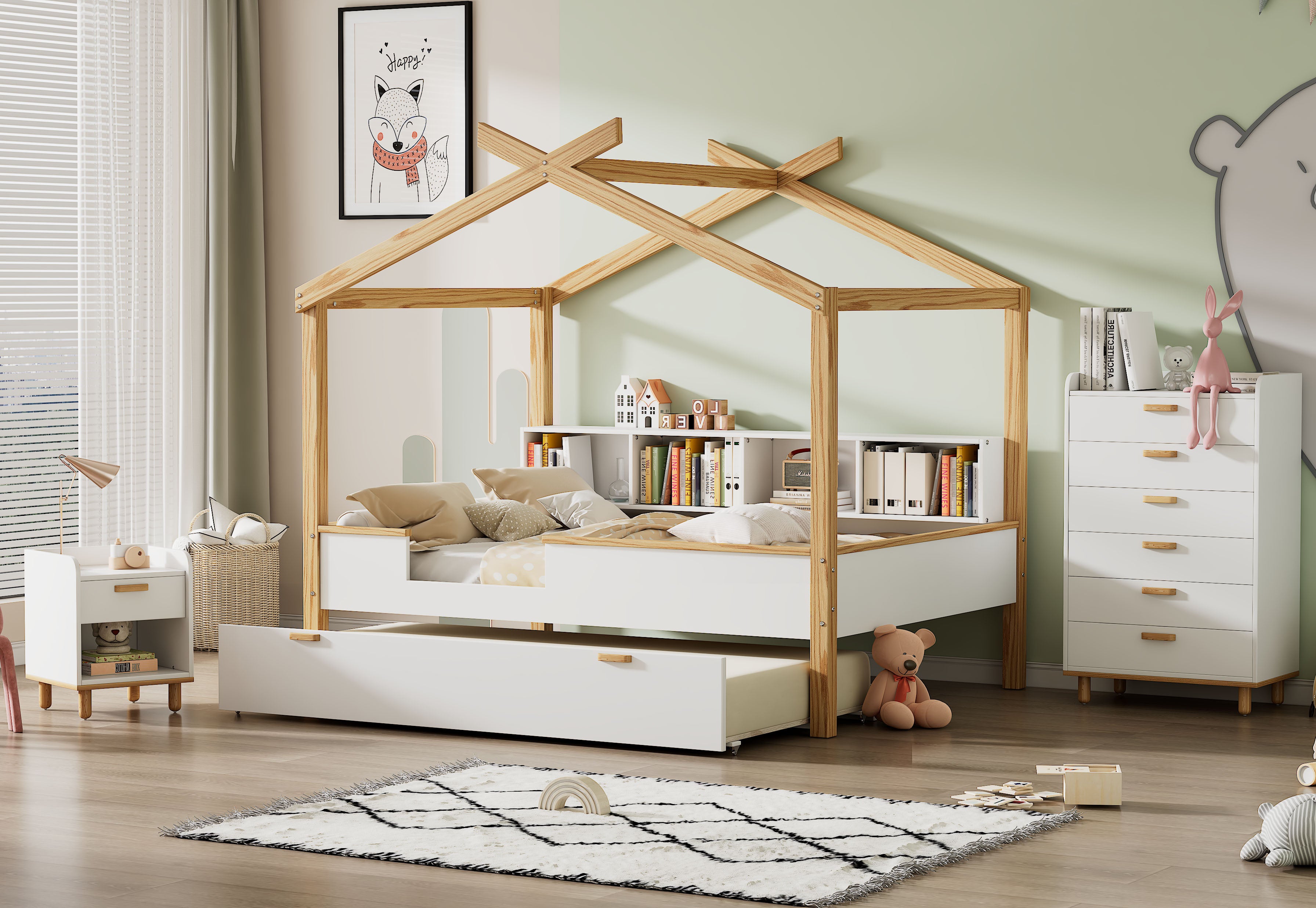 3 Pieces Bedroom Sets White Full Size Wooden House Bed