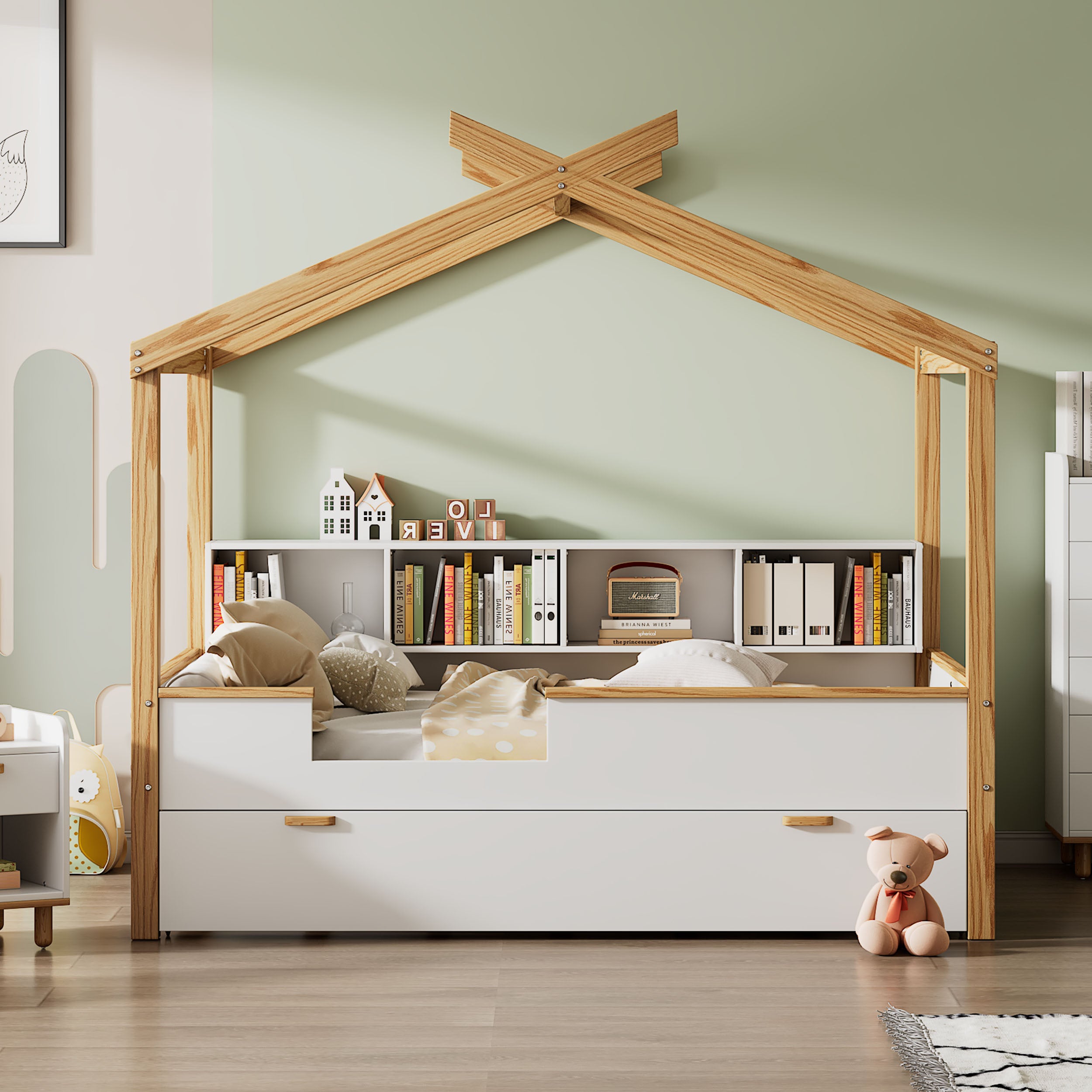 3 Pieces Bedroom Sets White Full Size Wooden House Bed