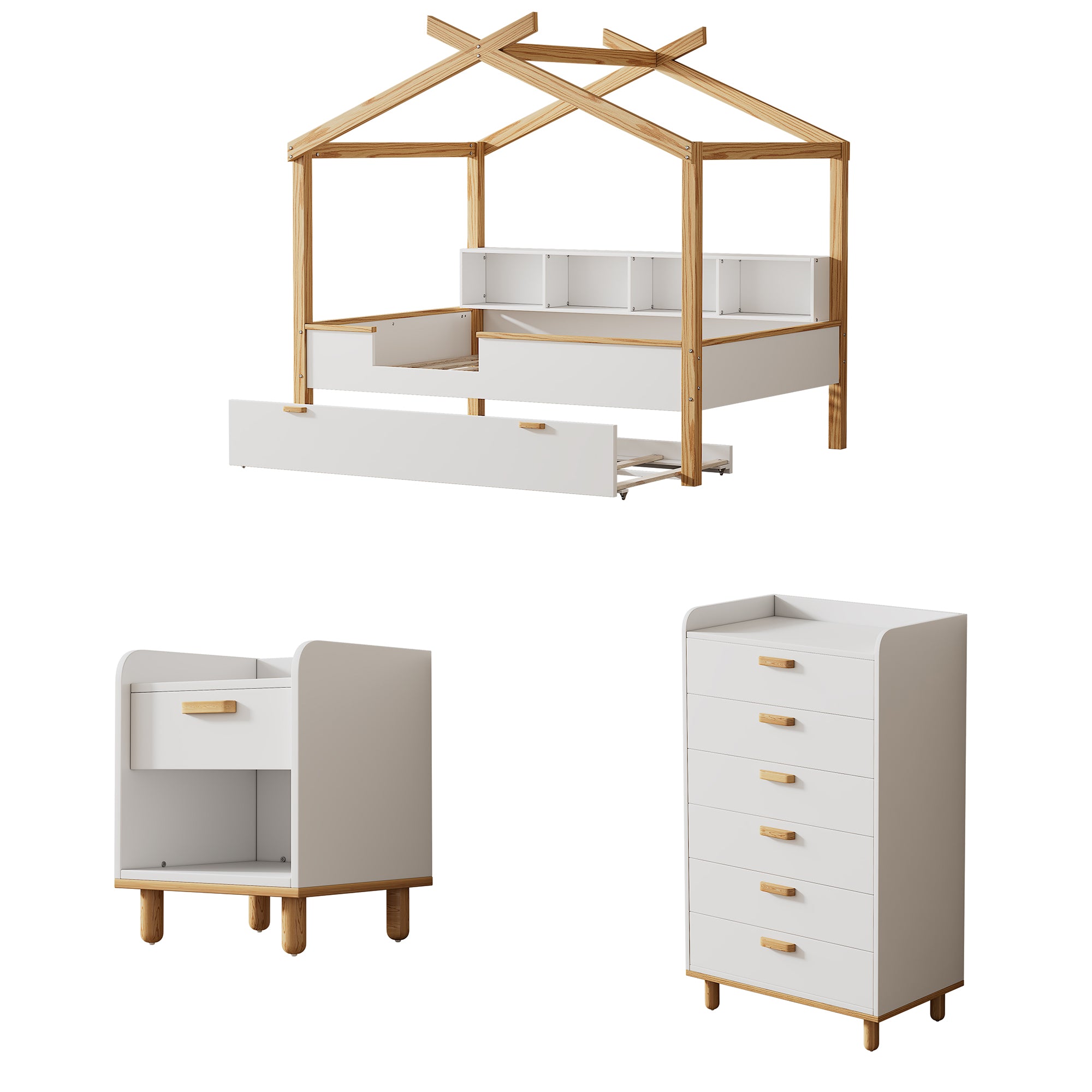 3 Pieces Bedroom Sets White Full Size Wooden House Bed