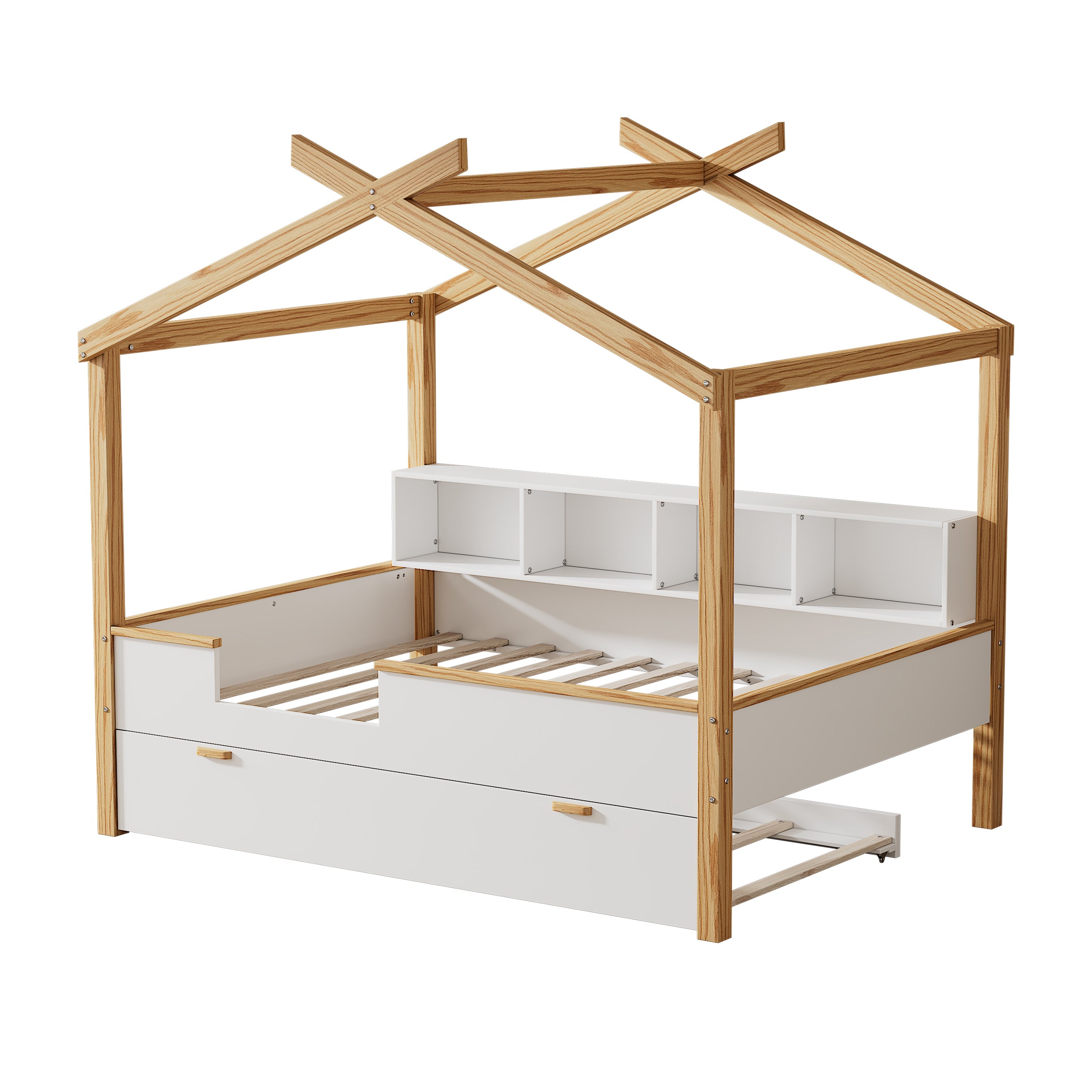 3 Pieces Bedroom Sets White Full Size Wooden House Bed