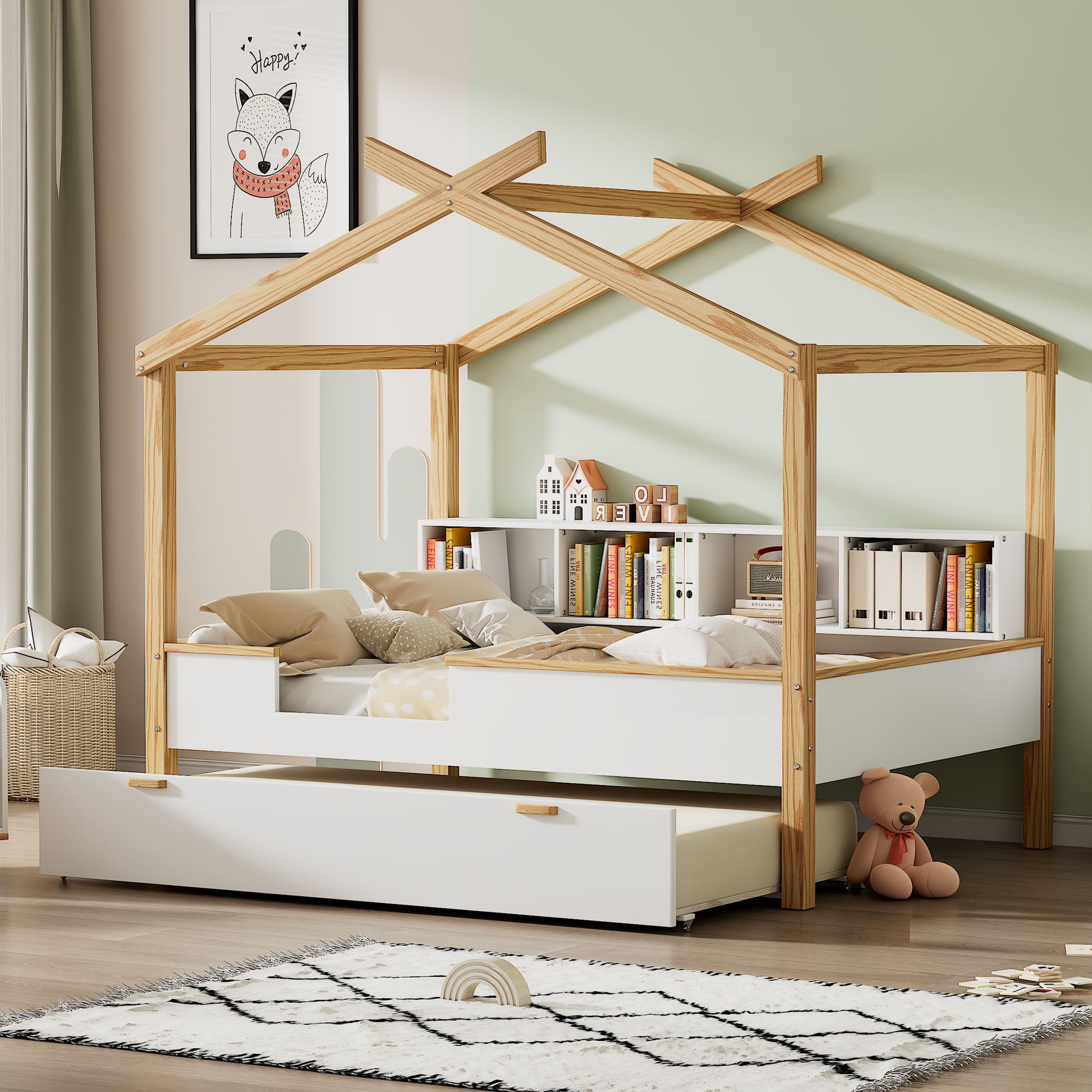 3 Pieces Bedroom Sets White Full Size Wooden House Bed