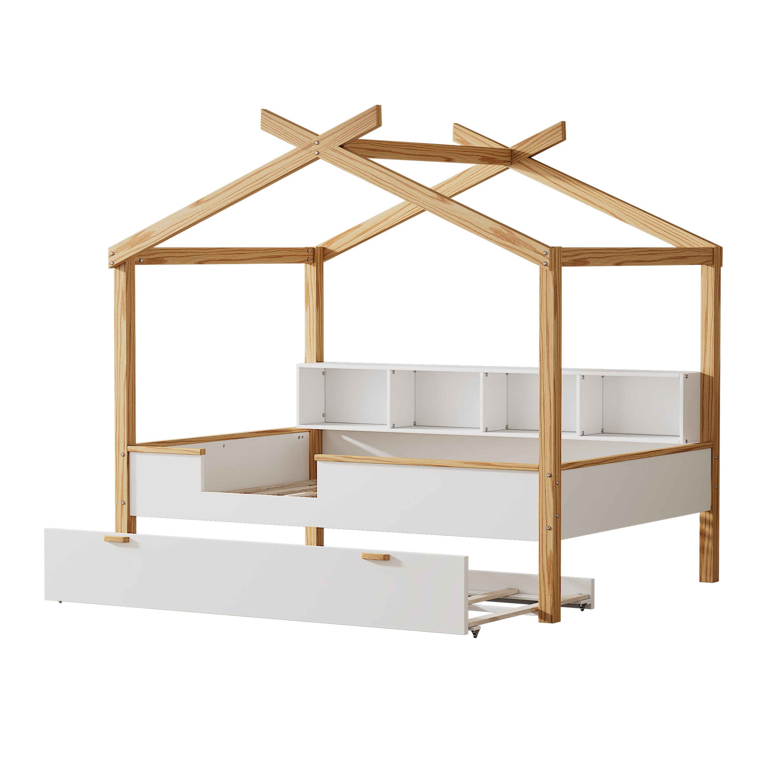 3 Pieces Bedroom Sets White Full Size Wooden House Bed