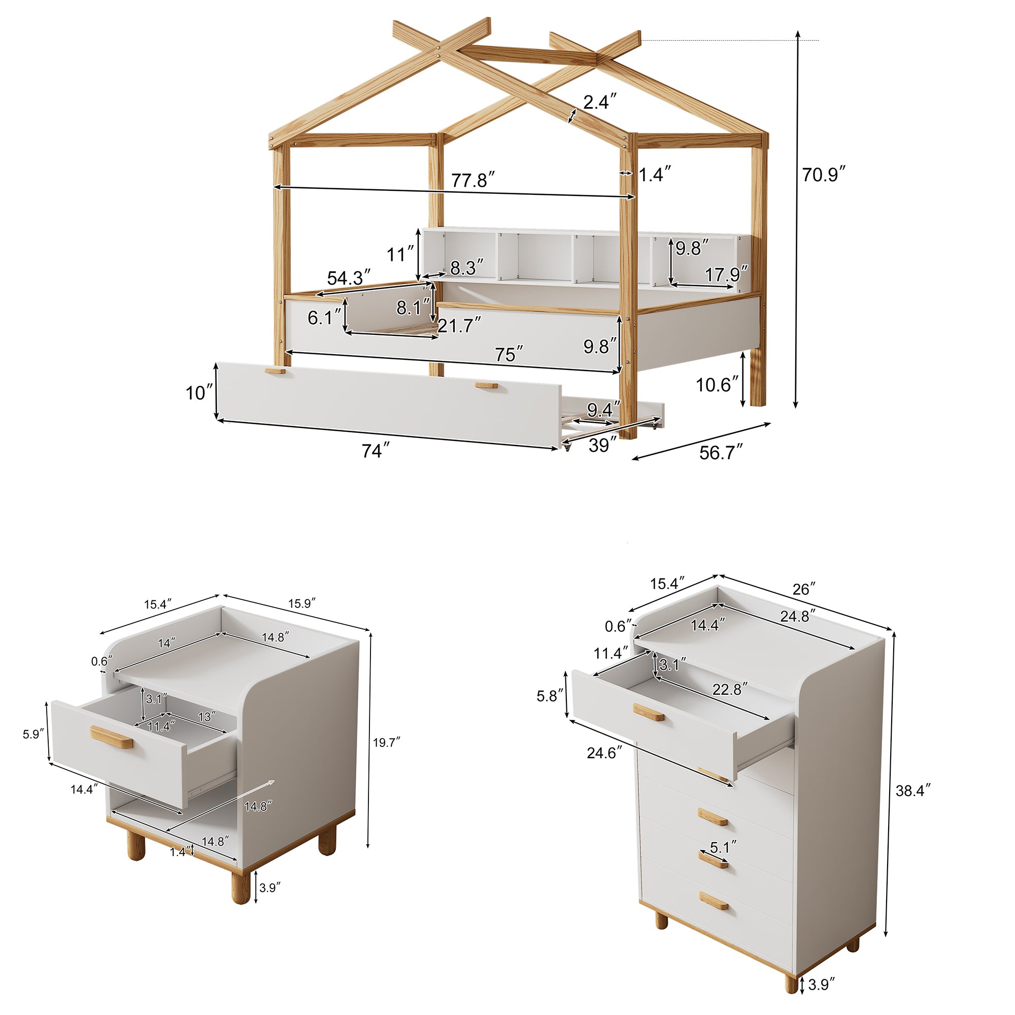 3 Pieces Bedroom Sets White Full Size Wooden House Bed