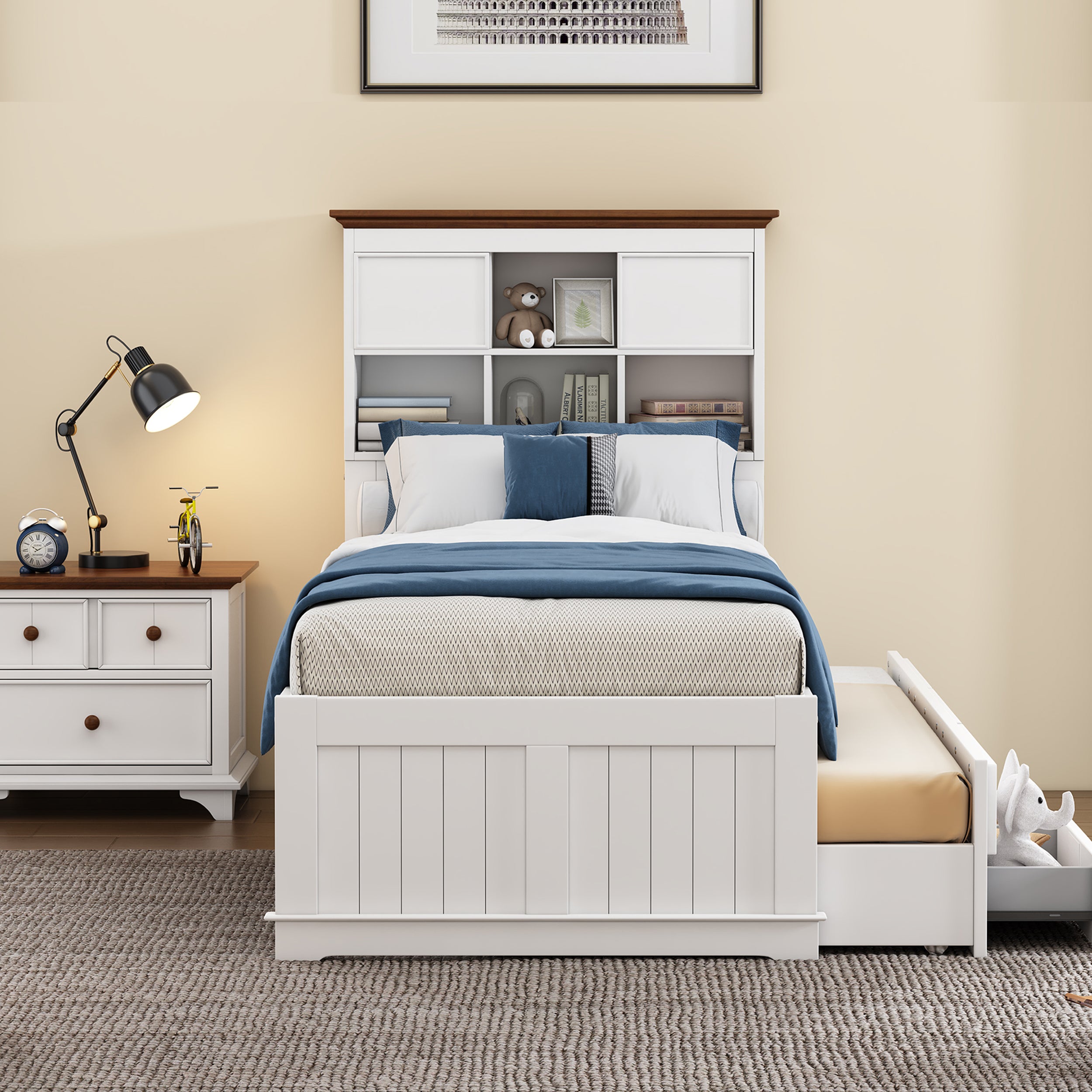 2 Pieces Wooden Captain Bedroom Set with Trundle and Nightstand