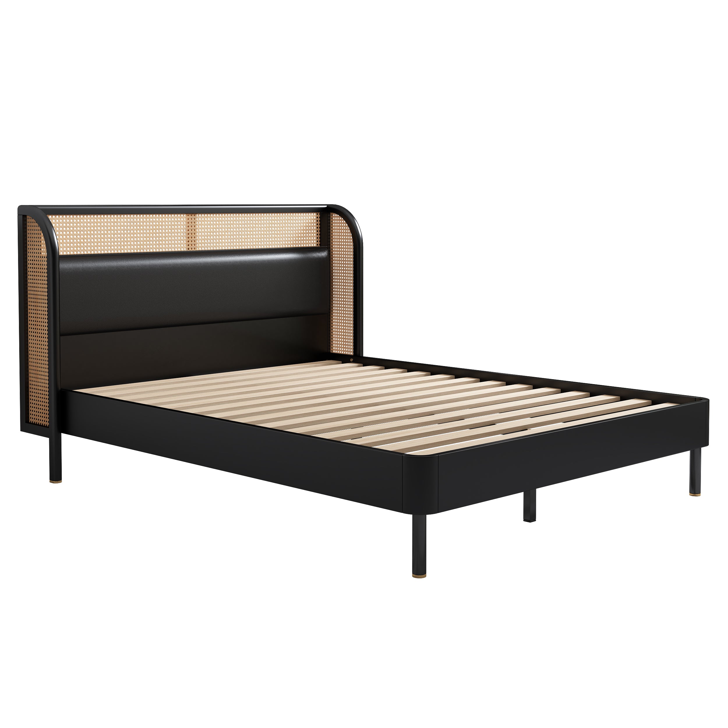 3 Pieces Modern Cannage Rattan Platform Queen Bed