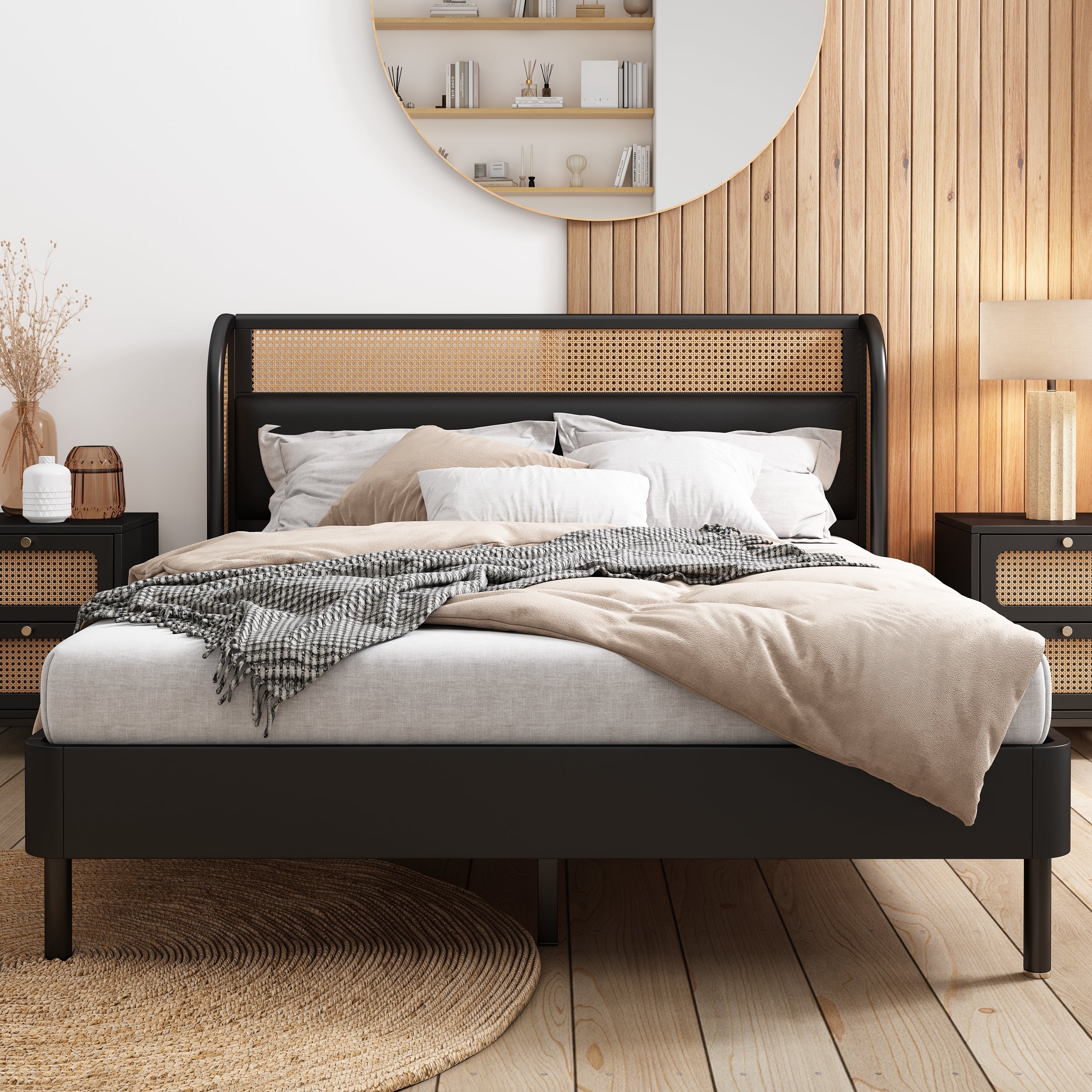3 Pieces Modern Cannage Rattan Platform Queen Bed